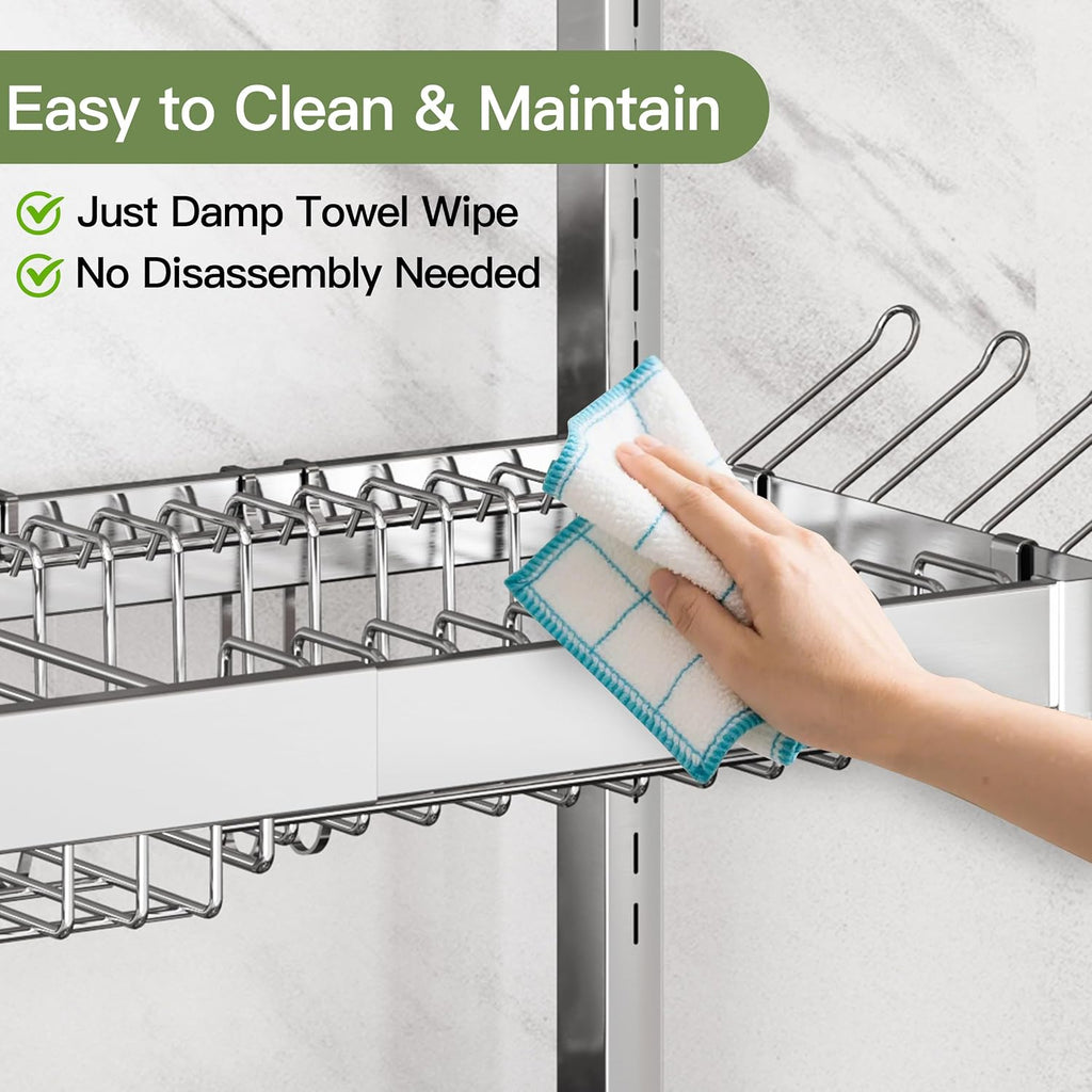 3 Tier Extra Large Stainless Steel Expandable Over The Sink Dish Drainer Drying Rack, Rust Proof Metal, Space Saving, Modern Silver Big Capacity Extendable Plate Strainers Above Kitchen Counter