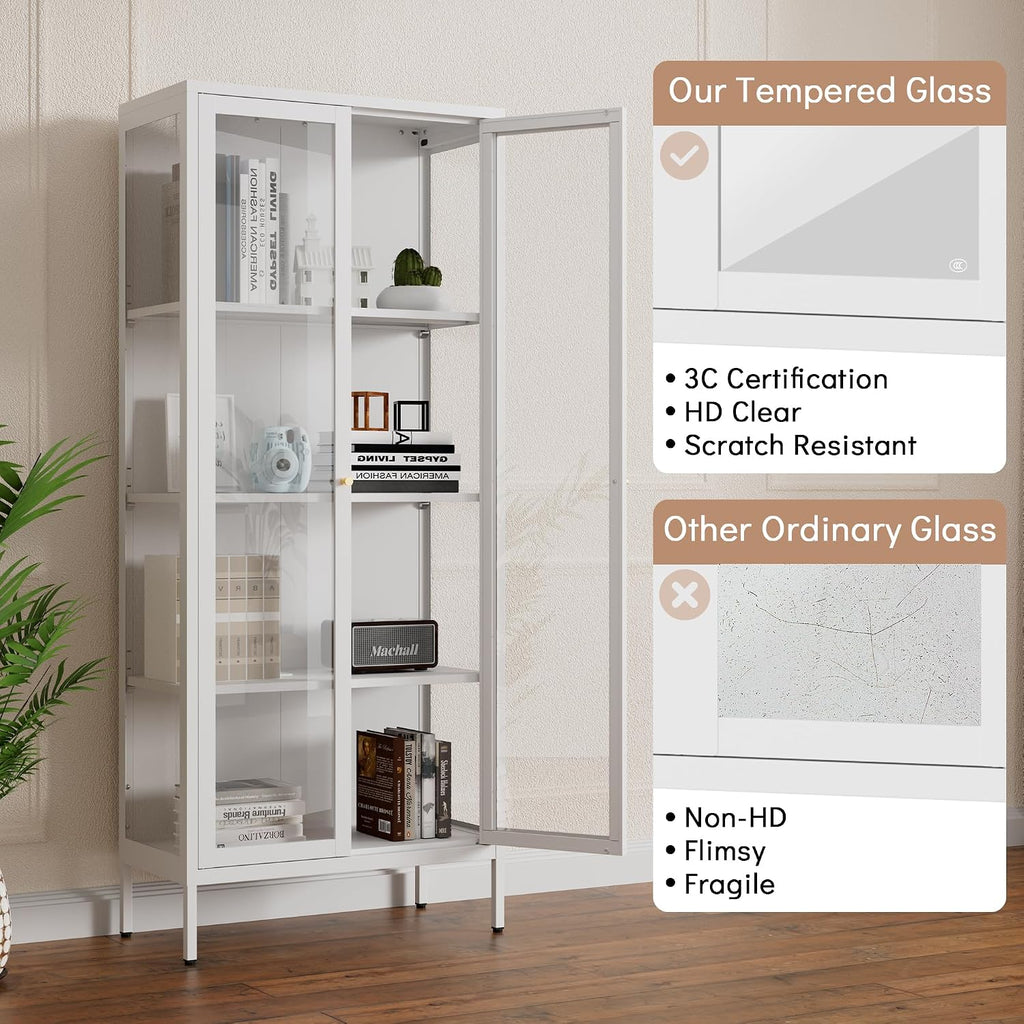 Polup Glass Display Cabinet with Glass Doors, White Curio Cabinet with 3 Side Tempered Glass, 66' Tall Bookcase Display Case for Collectibles, Metal Storage Cabinet for Living Room, Assemble Required