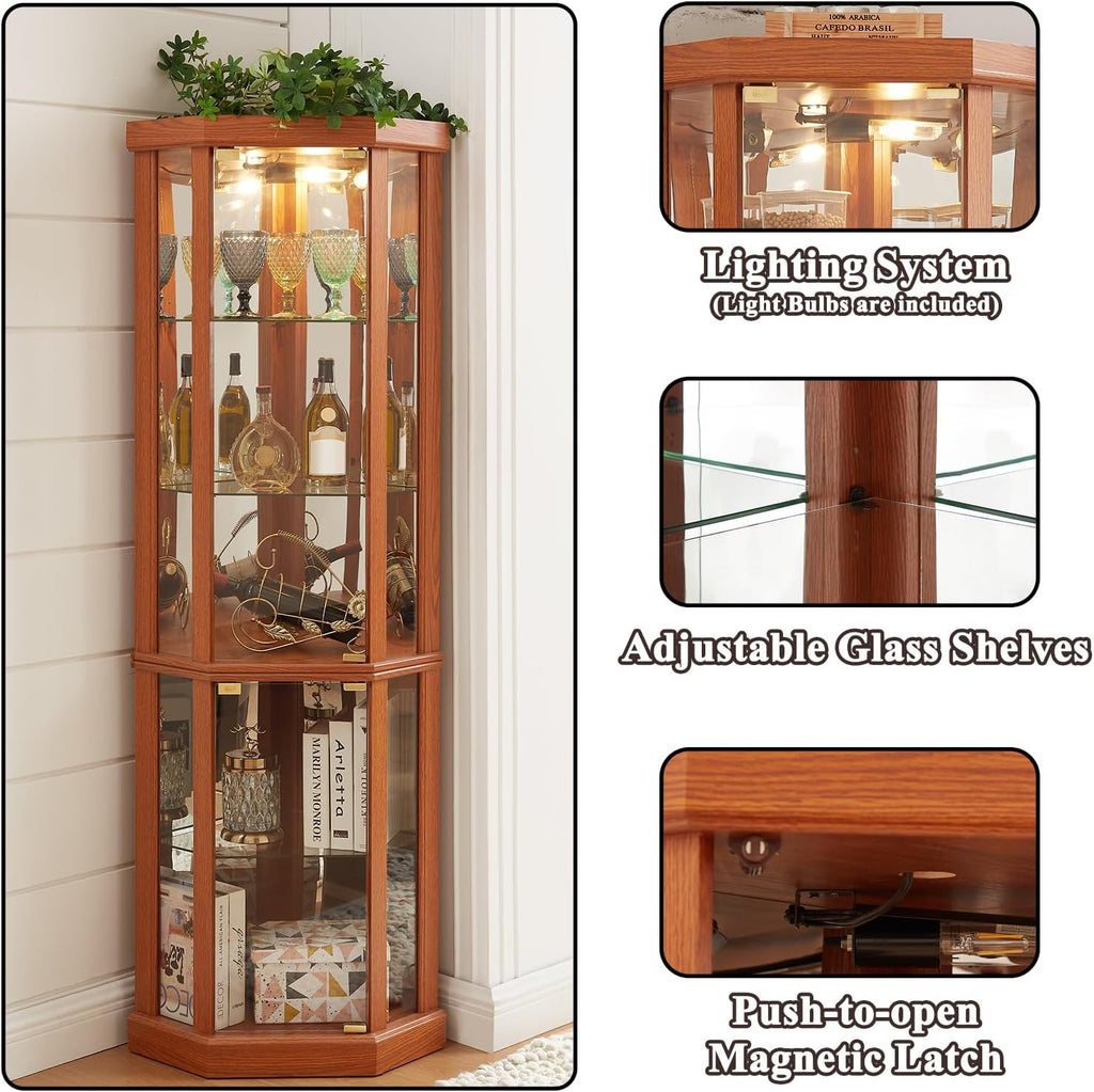 69' H Lighted Corner Display Cabinet, 5-Tier Wooden Curio Glass Cabinet with Adjustable Shelves & Glass Door, Corner Storage Display Case with Mirrored Back Pane for Living Room (Dark Oak)