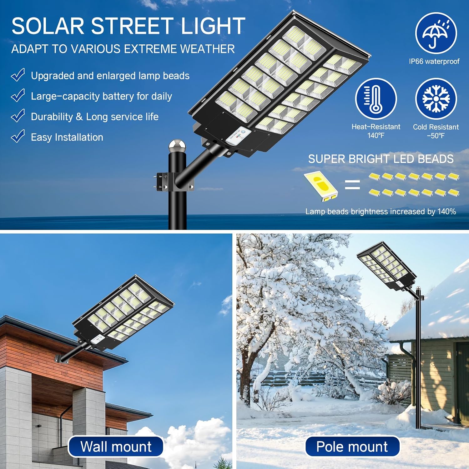 Solar Street Light 9000W, 7000K Solar Lights Outdoor, Motion Sensor Flood Lights with Remote Control, Dusk to Dawn IP66 Waterproof Outside Security Light for Parking Lot, Yard, Garage, 2 Pack