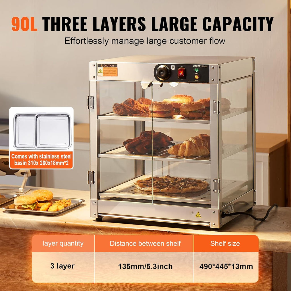 VEVOR 3-Tier Commercial Food Warmer Display, 800W Food Display Warmer with Light to Enhance Food Display, 86℉~185℉ Temperature Control, 90L Large Capacity for Hamburger, Pizza, Bread, Fried Chicken