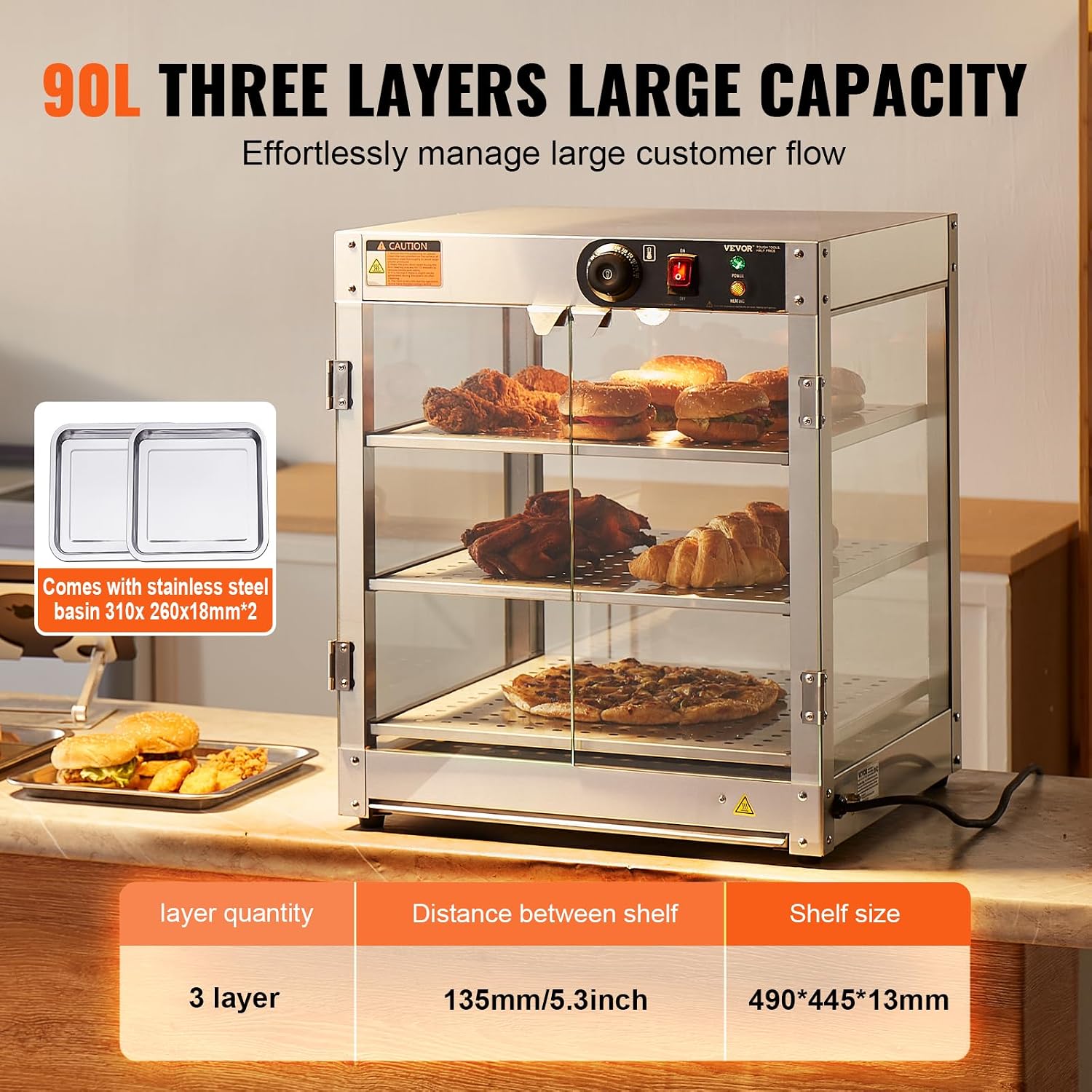 VEVOR 3-Tier Commercial Food Warmer Display, 800W Food Display Warmer with Light to Enhance Food Display, 86℉~185℉ Temperature Control, 90L Large Capacity for Hamburger, Pizza, Bread, Fried Chicken