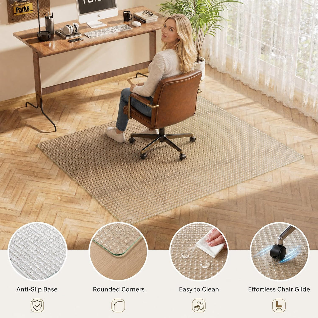 VETROUVE 46' x 55' Glass Chair Mat for Carpet, Single-Sided Textured Heavy Duty Hard Tempered Glass Desk Office Mat with 4 Anti-Slip Pads, 1/5' Thick, Smooth Rolling, Scratch Resistant