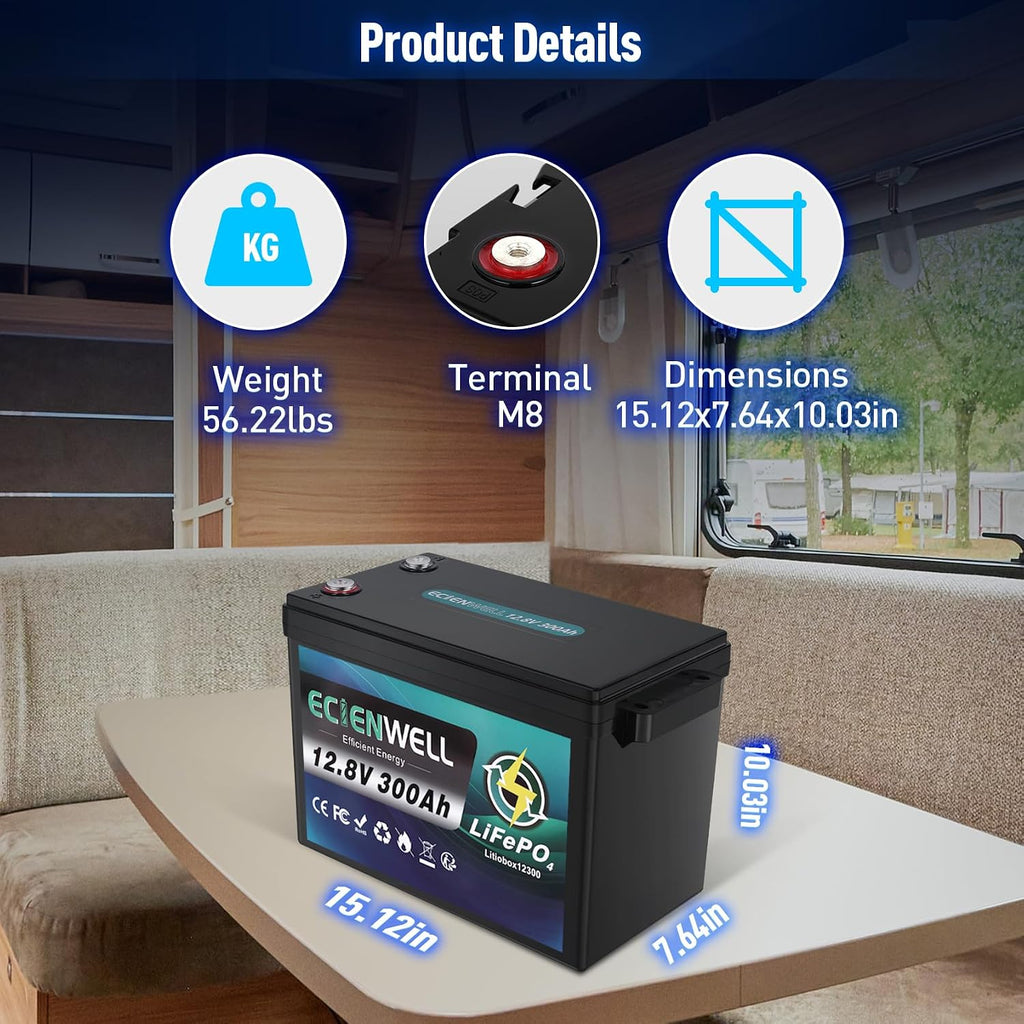 12V 300Ah Lithium LiFePO4 Battery, ECIENWELL 15000+ Deep Cycle Marine Battery with 200A BMS, 3840Wh Lithium Batteries for Golf Cart, Trolling Motor, RV, Truck, Kayak, Camping, Solar Panel, Off-Grid
