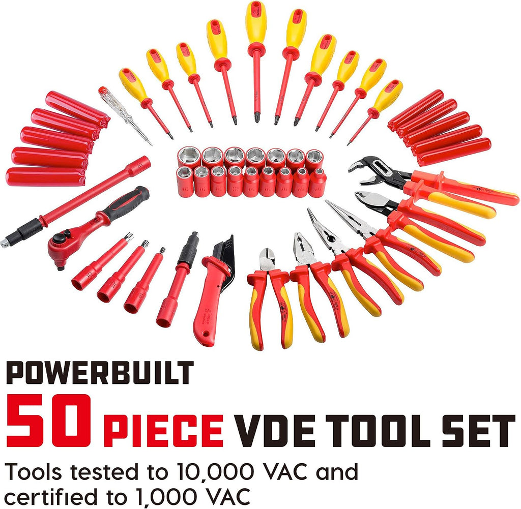 Powerbuilt 50 Pc.1000V Insulated Electricians VDE Tool Set with Waterproof Case, 3/8 in. Dr. Ratchet, 16 Pc. Socket Sizes 10-24mm, 10 Pc. Screwdriver, 6 Pc. Pliers - 240259