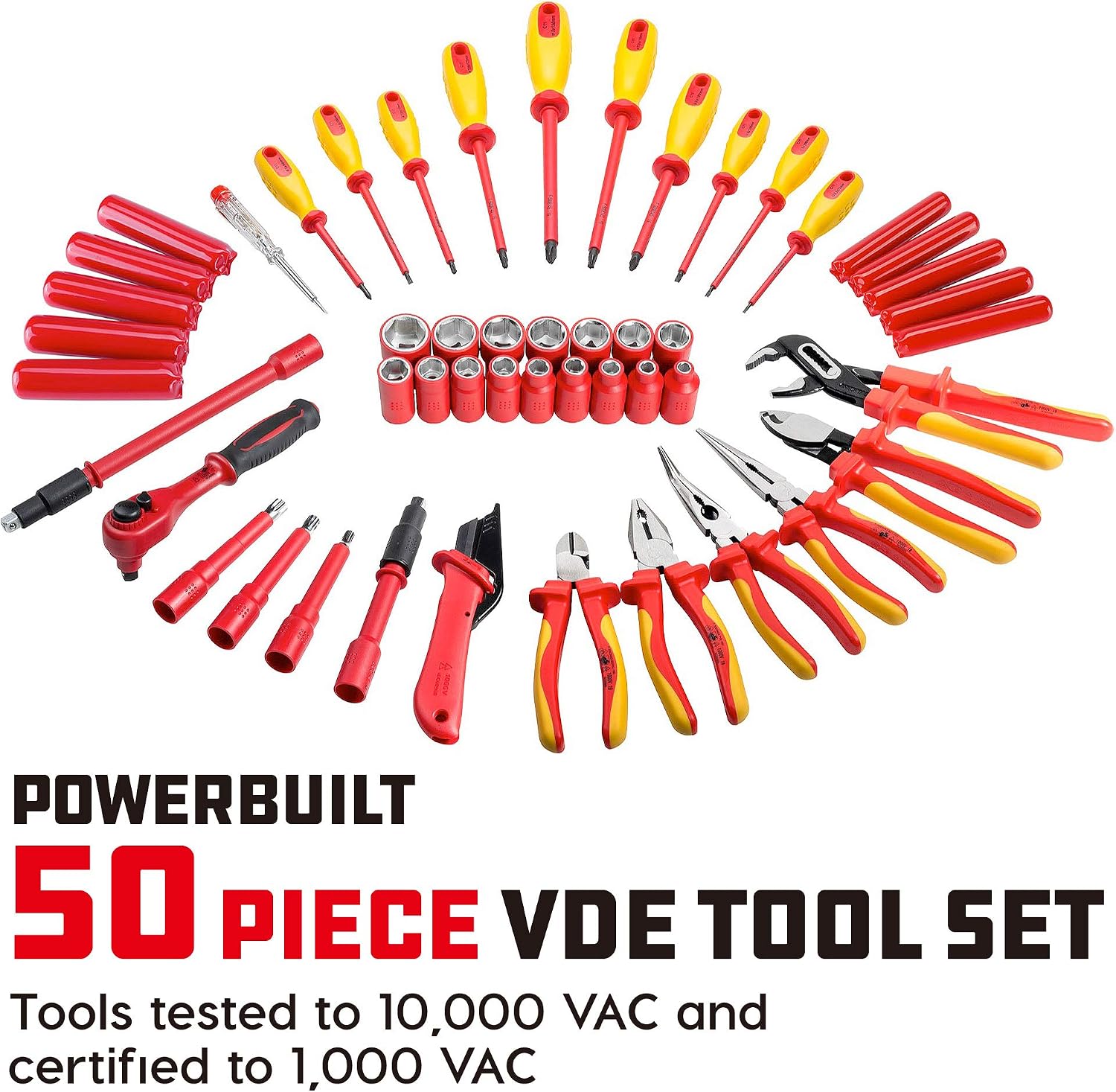 Powerbuilt 50 Pc.1000V Insulated Electricians VDE Tool Set with Waterproof Case, 3/8 in. Dr. Ratchet, 16 Pc. Socket Sizes 10-24mm, 10 Pc. Screwdriver, 6 Pc. Pliers - 240259