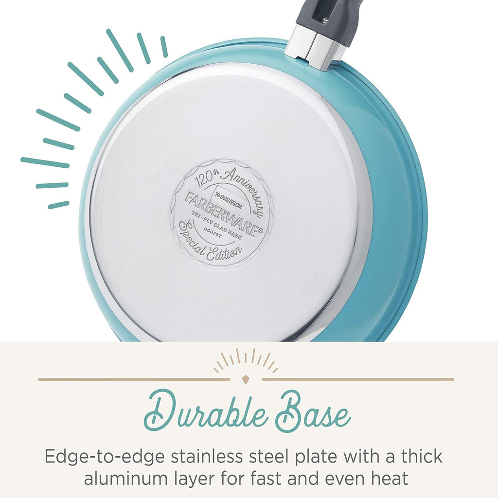 Farberware 120 Limited Edition Stainless Steel Cookware Pots and Pans Set with Prestige Kitchen Tools, 10 Piece, Aqua Blue