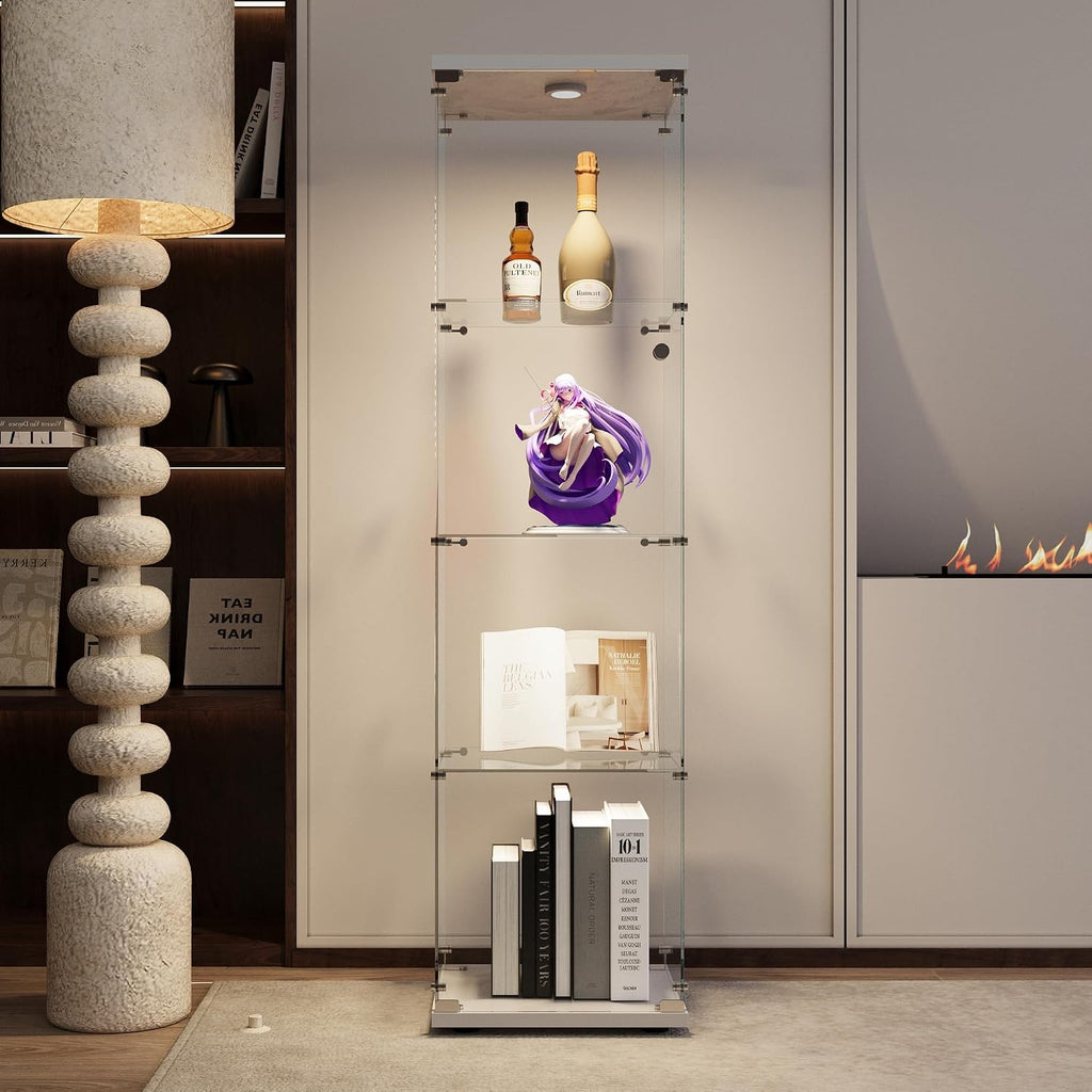 JT Glass Display Cabinet 4 Shelves with Light and Door, Easy to Install, Solid Tempered Glass, Floor Standing Curio Bookshelf for Living Room Bedroom Office (White)
