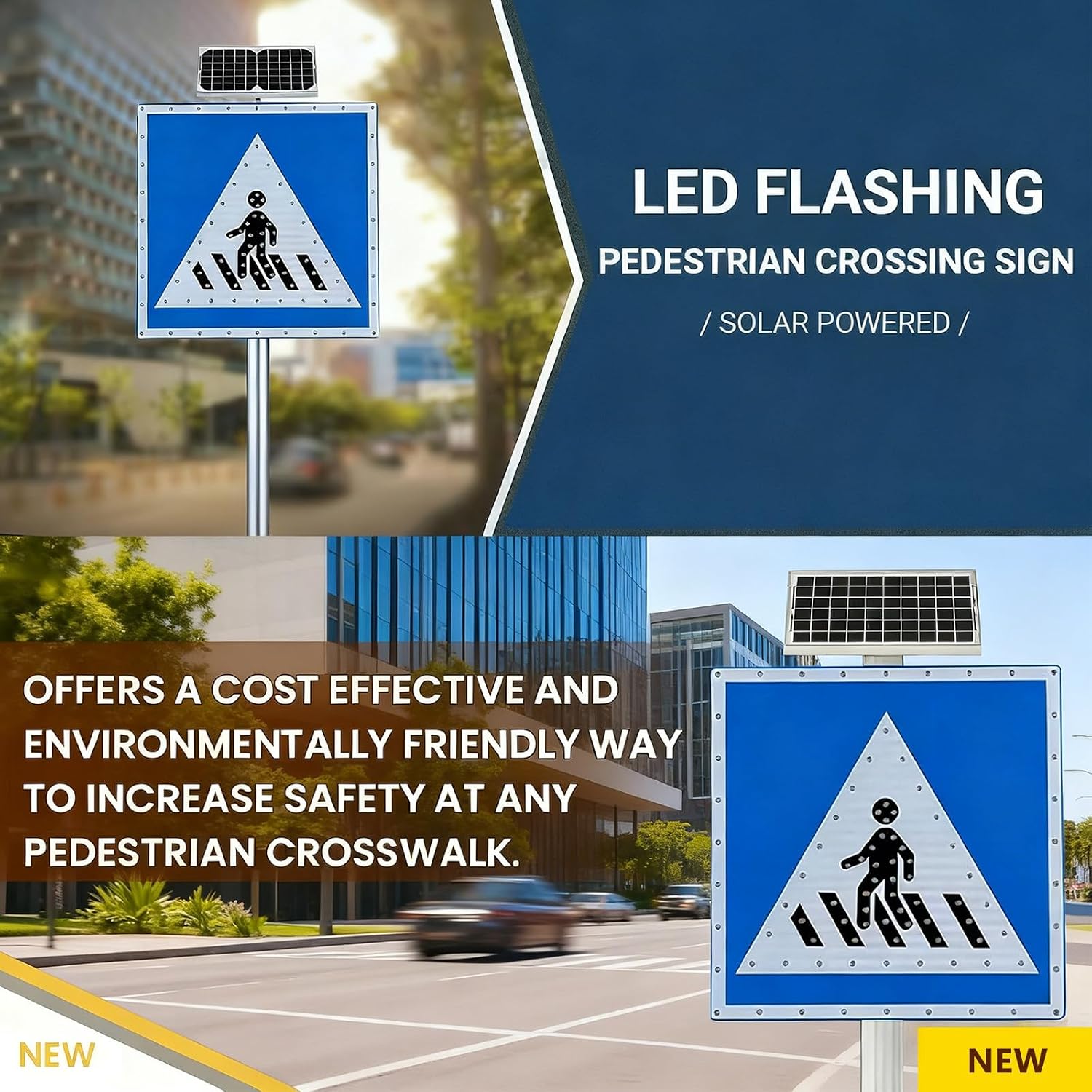 Outdoor Solar Lights for Gardens, Solar LED Flashing Lights for Pedestrian crossings and Accessories, Road Safety Signs for Pedestrian crossings 24in