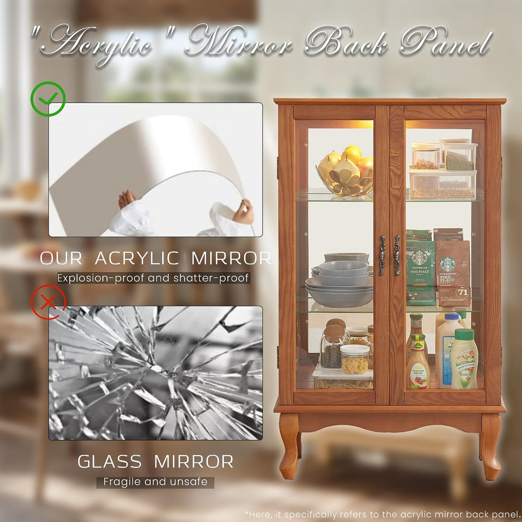 44' Small Lighted Glass Accent Curio Cabinet, Vintage China Cage with 2 Tempered Glass Doors & Adjustable Shelves, Acrylic Mirrored Pane, Elegant Wine Artwork Showcase Rack for Living Room (Dark Oak)