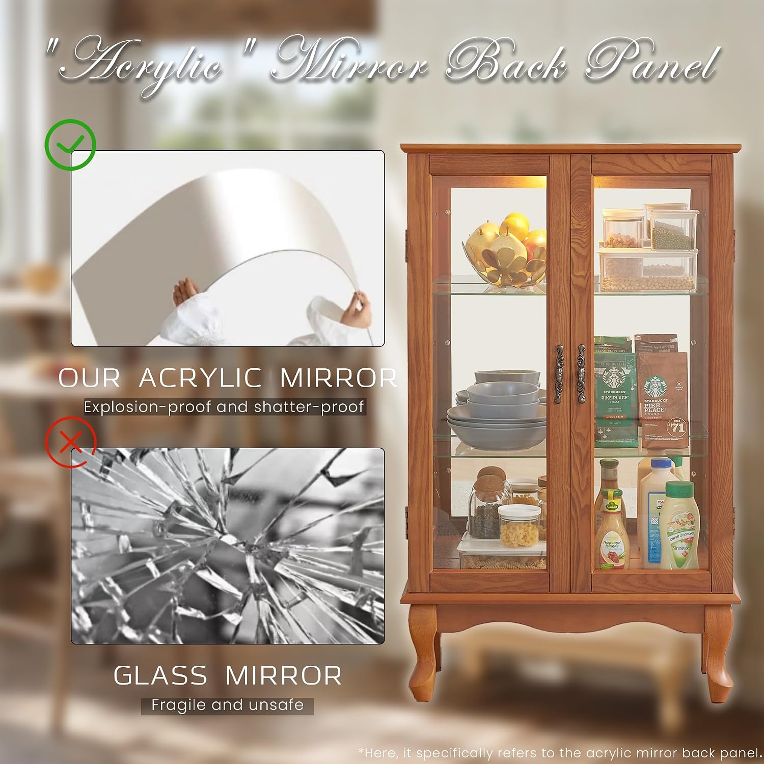44' Small Lighted Glass Accent Curio Cabinet, Vintage China Cage with 2 Tempered Glass Doors & Adjustable Shelves, Acrylic Mirrored Pane, Elegant Wine Artwork Showcase Rack for Living Room (Dark Oak)