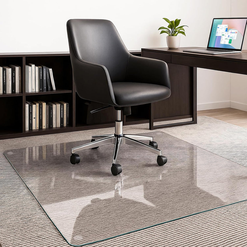 JAMBALAY 55″×46″ Tempered Glass Chair Mat, Heavy Duty Glass Office Floor Mat for Carpets and Wooden Floor, with 12 Anti-Slip Pads, Polished Edges and Round Corners, Easy Roll On, Thick 0.2″