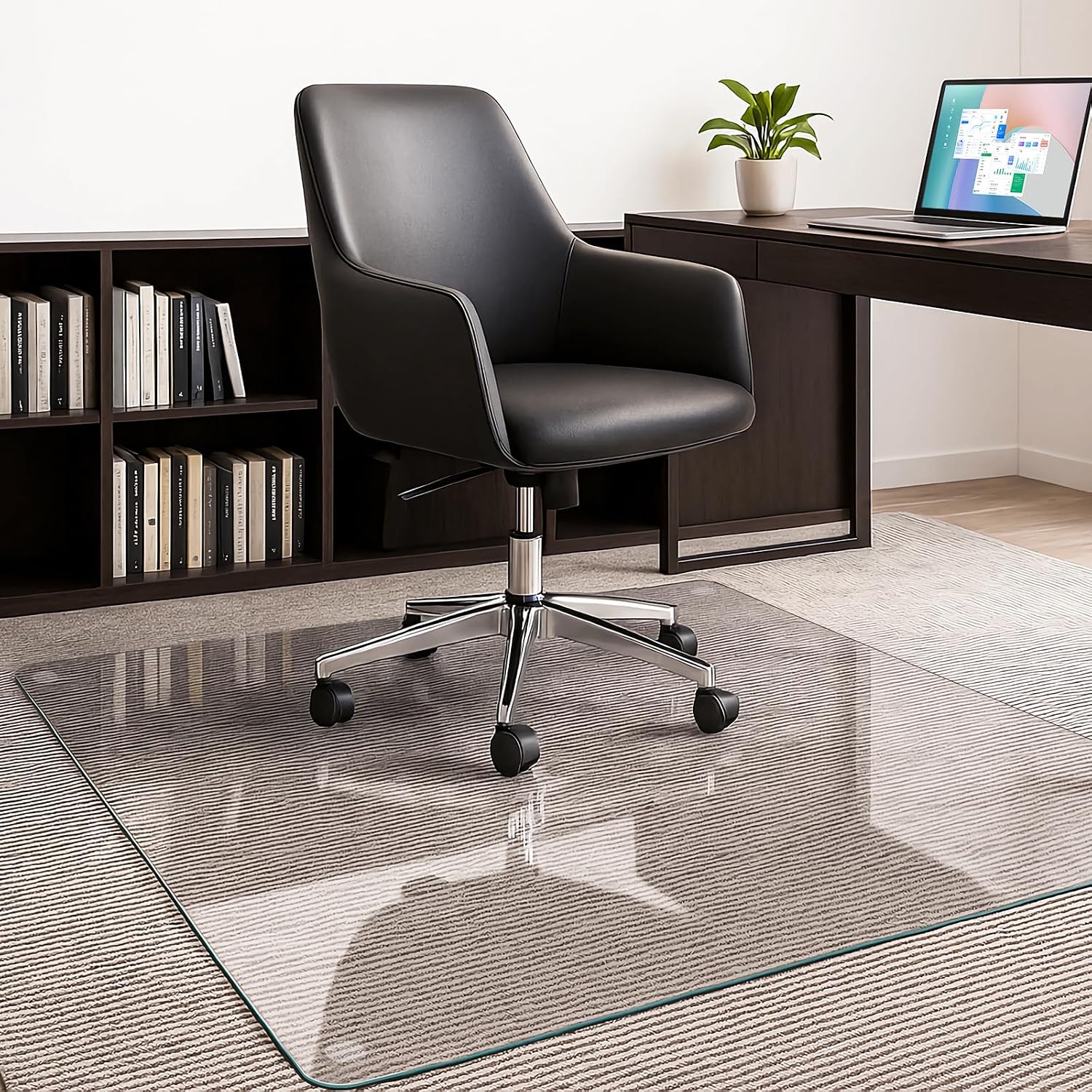 JAMBALAY 55″×46″ Tempered Glass Chair Mat, Heavy Duty Glass Office Floor Mat for Carpets and Wooden Floor, with 12 Anti-Slip Pads, Polished Edges and Round Corners, Easy Roll On, Thick 0.2″