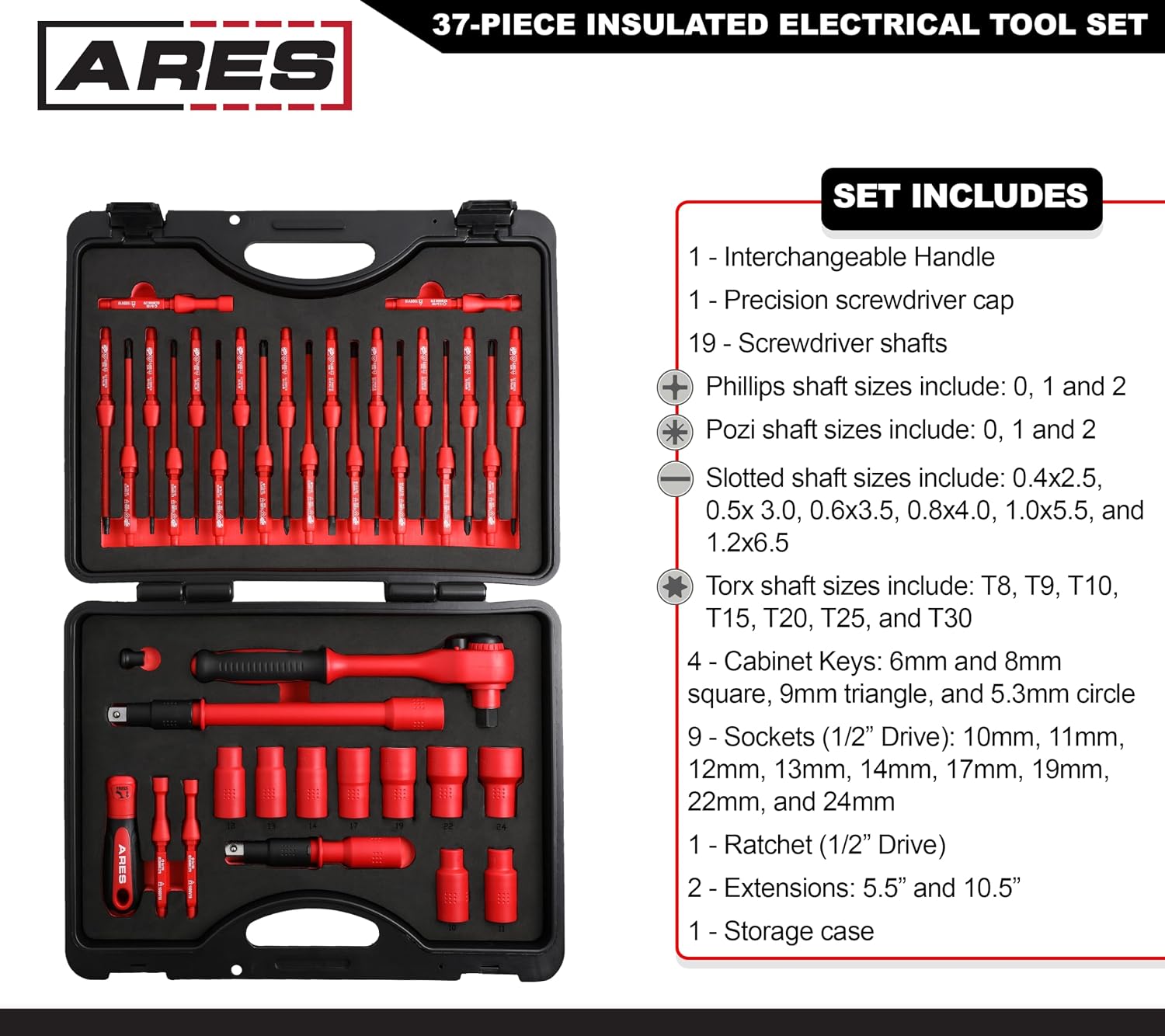 ARES 19004-37-Piece Insulated Electrical Tool Set - Ergonomic Handle with 19 Screwdriver Sizes and 4 Cabinet Keys - 1/2-Inch Drive Ratchet and Extensions - 9 Socket Sizes 10-24mm - Storage Case