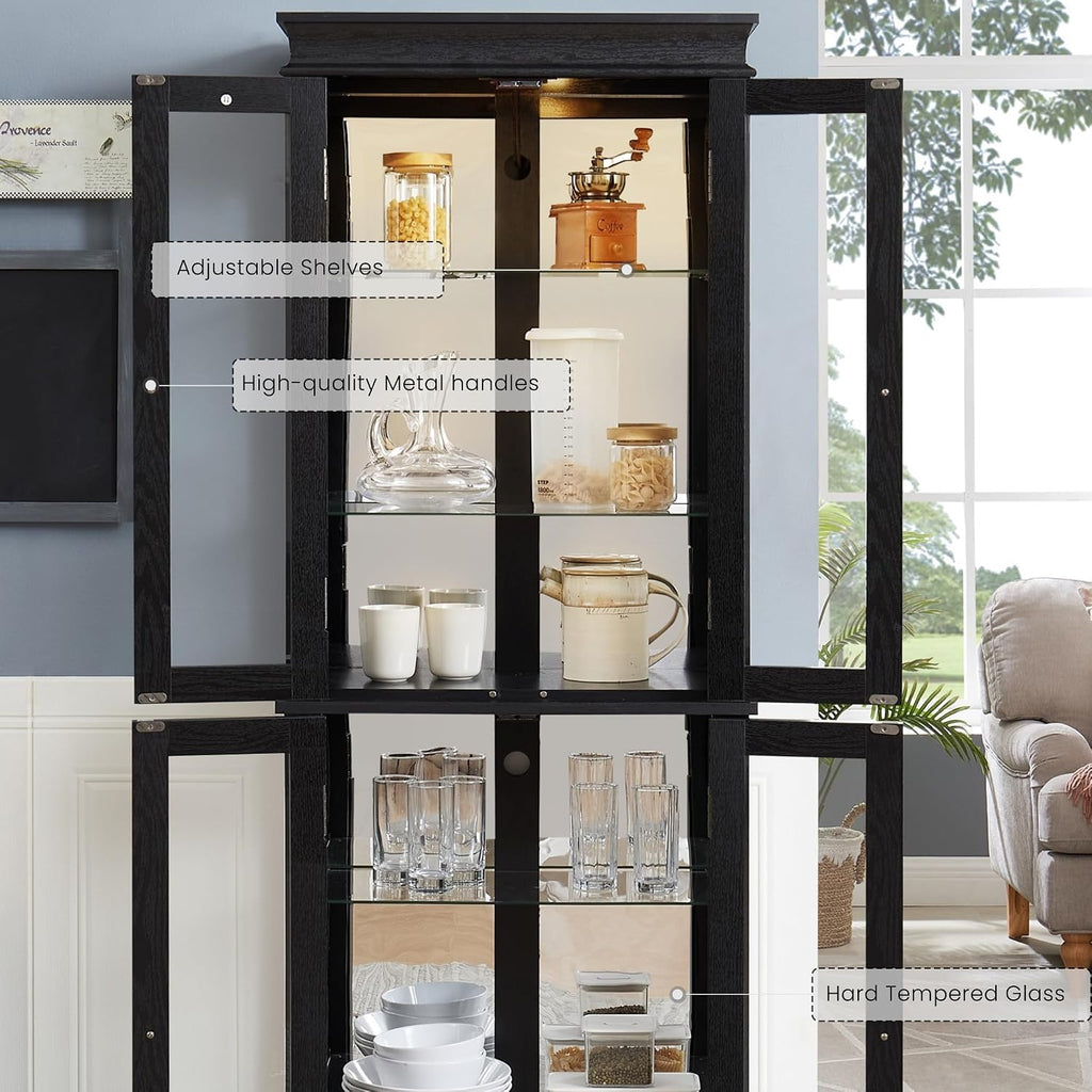 71' Lighted Curio Cabinet with 6 Adjustable Shelves, Vintage Glass Display Case, Tempered Glass Doors, Tall Wine Bar Cabinet for Living Room Liquor Storage, Bulb Included (Black & Arched bottom)