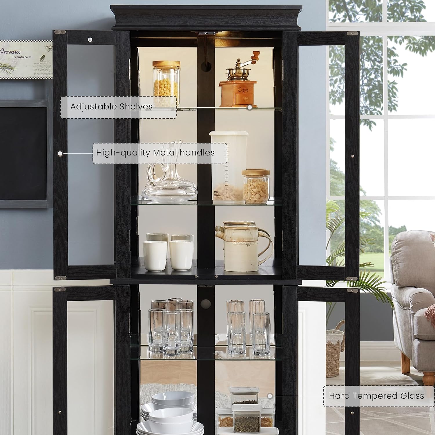 71' Lighted Curio Cabinet with 6 Adjustable Shelves, Vintage Glass Display Case, Tempered Glass Doors, Tall Wine Bar Cabinet for Living Room Liquor Storage, Bulb Included (Black & Arched bottom)