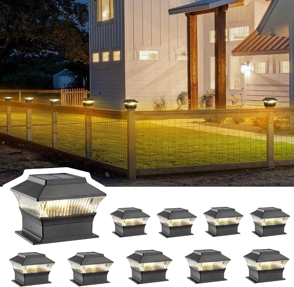 4x4 4x6 Fence Lights Solar Powered, Outdoor Post Cap Lights Yard Deck Garden Patio Mailbox Decorations 25 Lumens, 3000K Ip65 Waterproof, Black - 10 Pack