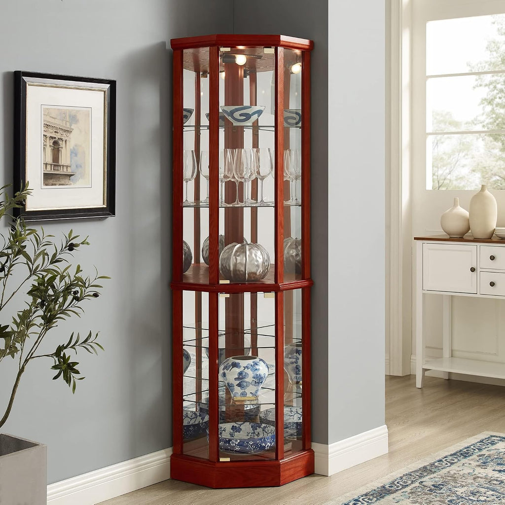 Corner Curio Cabinet, 70' Tall Lighted Glass Display Cage with Tempered Glass Doors and 5 Adjustable Shelves, Wine Bar China Cabinet for Living Room (E26 Bulb Not Inclued) (Cherry & Style 2)