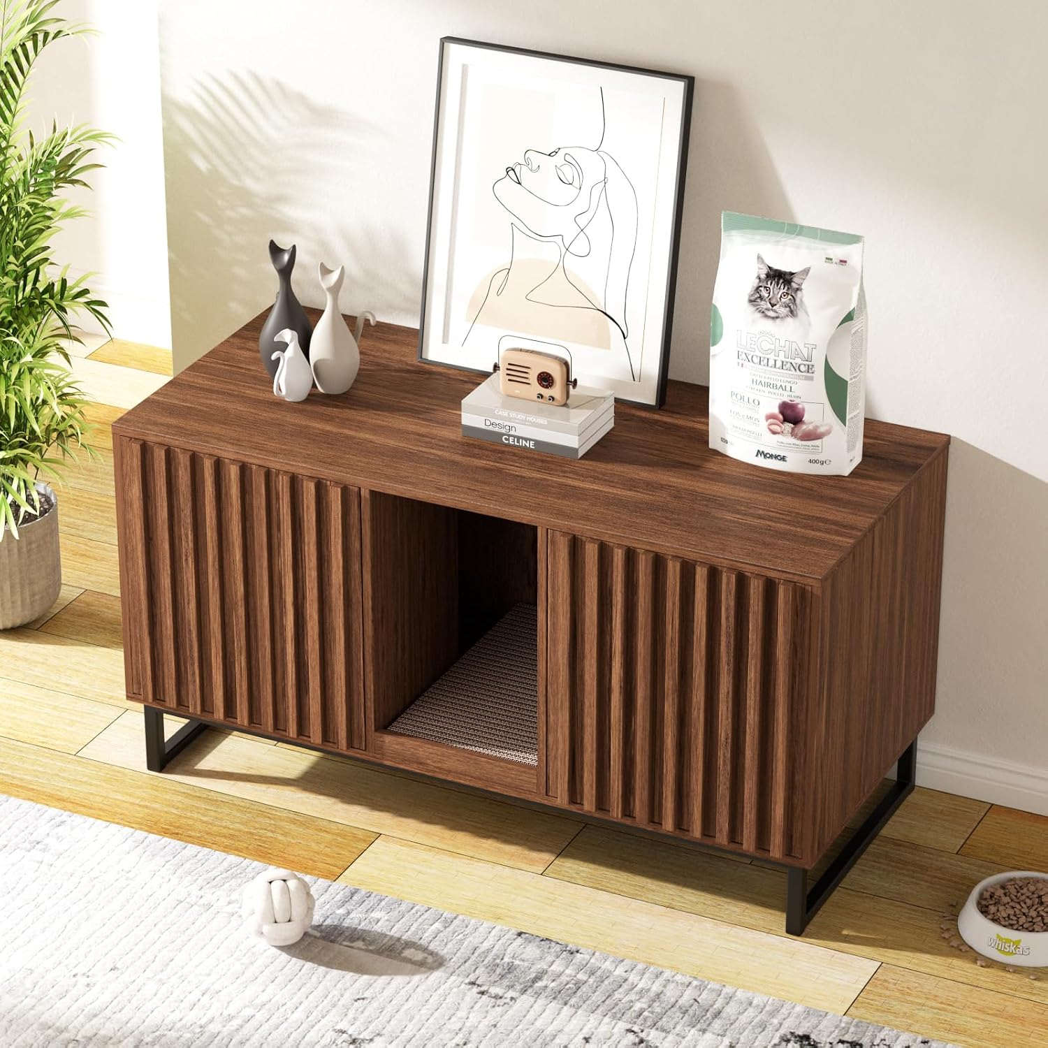 Halitaa Double Litter Box Enclosure,Modern Cat Litter Box Enclosure for 2 Cats, Hidden Litter Box with Cat Scratch Pad, Cat Washroom Cat House End Table, Entryway Bench for Livingroom (Brown)