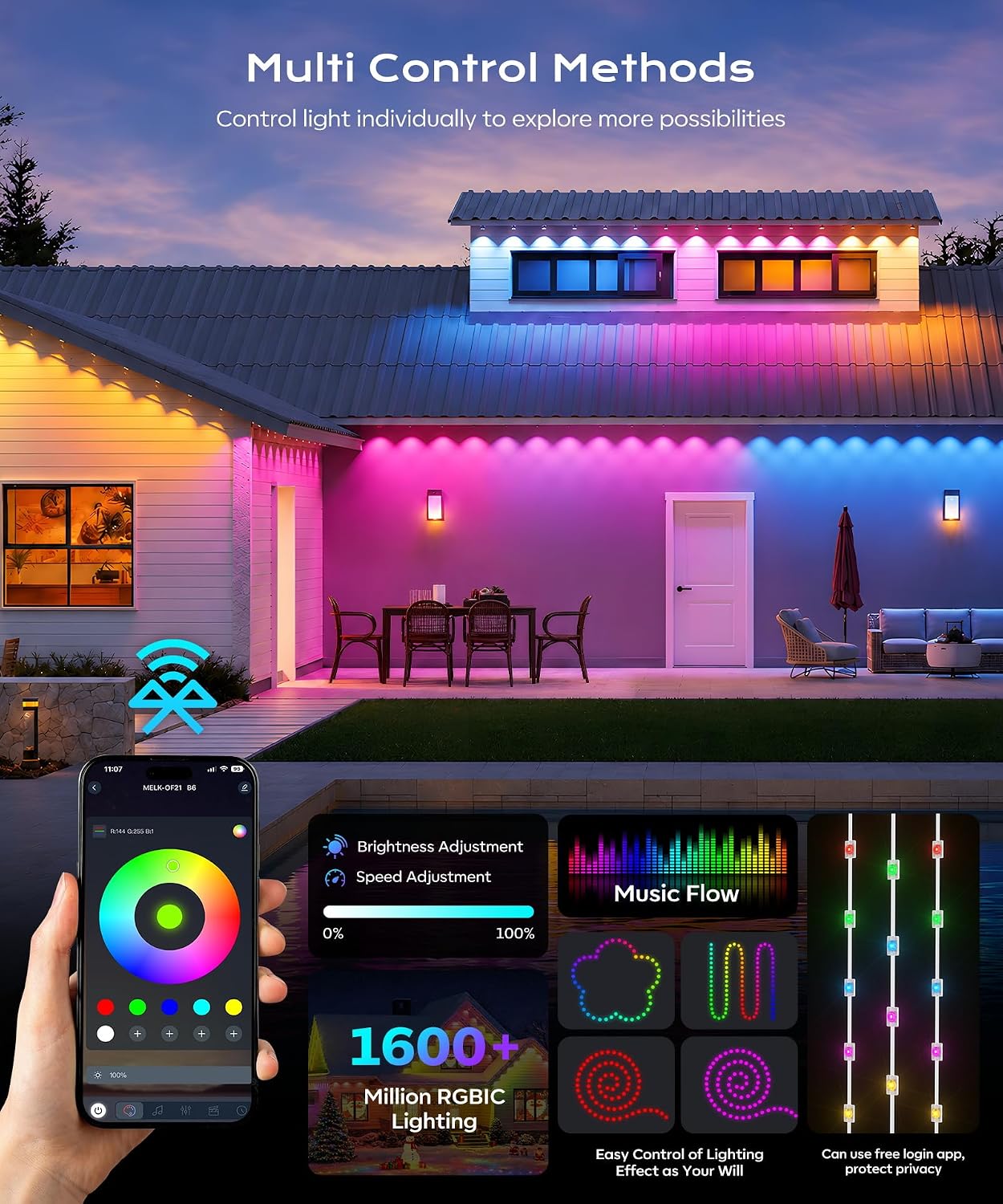 Permanent Outdoor Lights for House,200ft RGB+IC Lights with 16 Million Colors & 50 Scene Modes, App/Remote Control, IP67 Waterproof, DIY Music Sync, for Christmas, Holiday & Party Decor