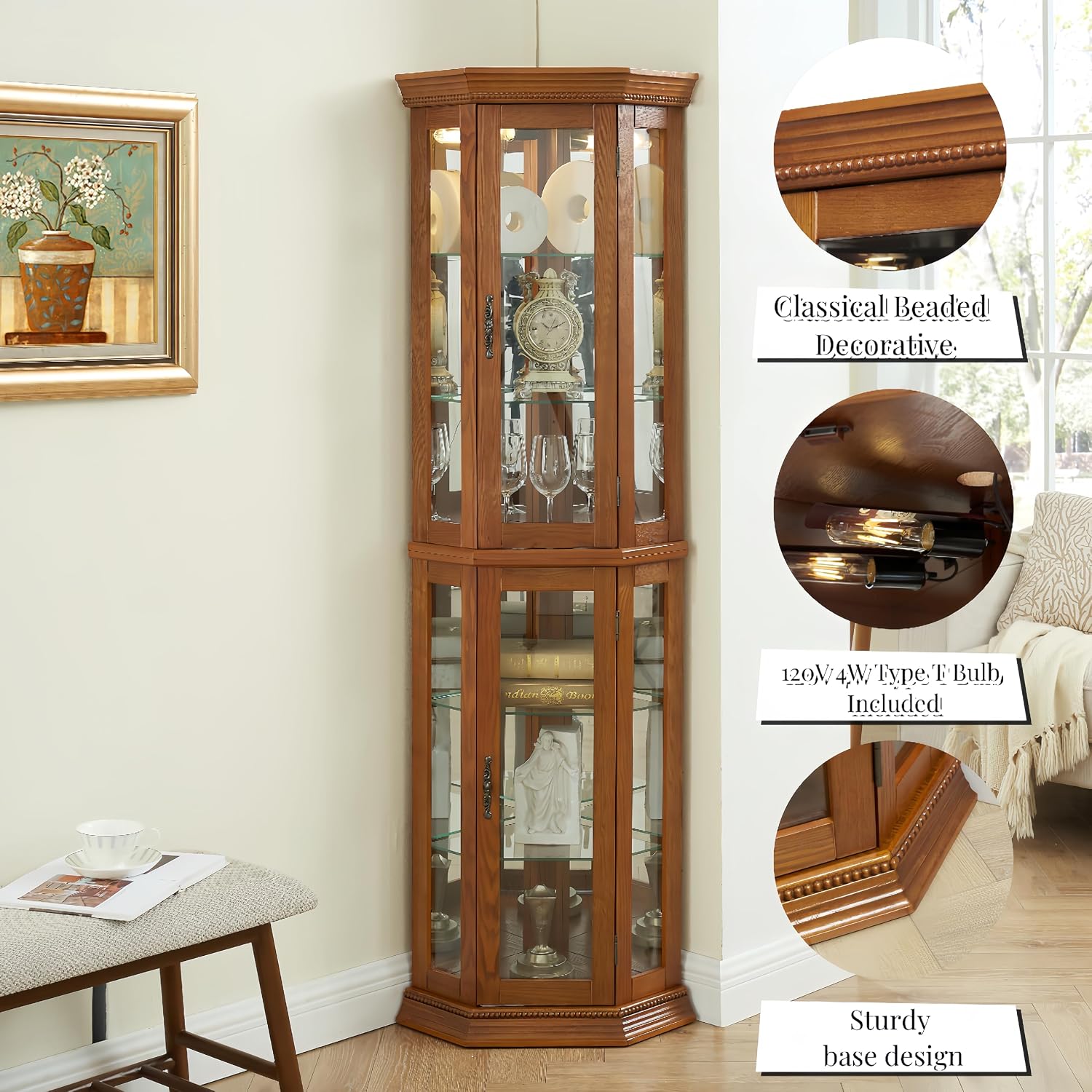 Ball & Cast 70' H Lighted Corner Curio Cabinet, Glass Display Cabinet with 6 Tempered Adjustable Glass Shelves and Doors,Include Light Bulb, Rack for Living Room,Oak