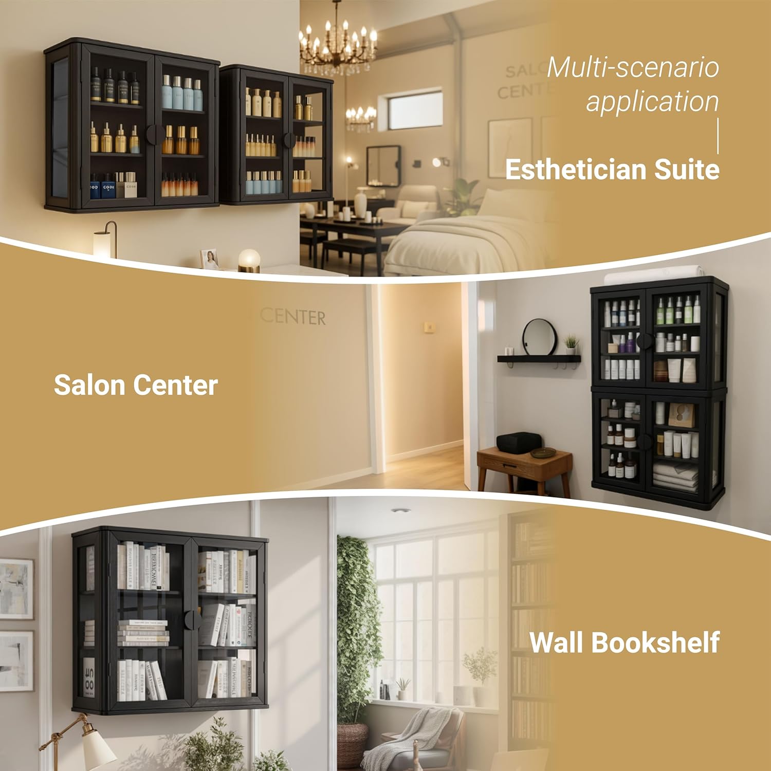 FIMELLO 28''W Wall Cabinet with Tempered Glass Doors, Bathroom Cabinet Wall Mount, Kitchen Wall Cabinet, Floating Cabinet for Bathroom, Wall Mount Salon Station for Barber, Beauty, Black