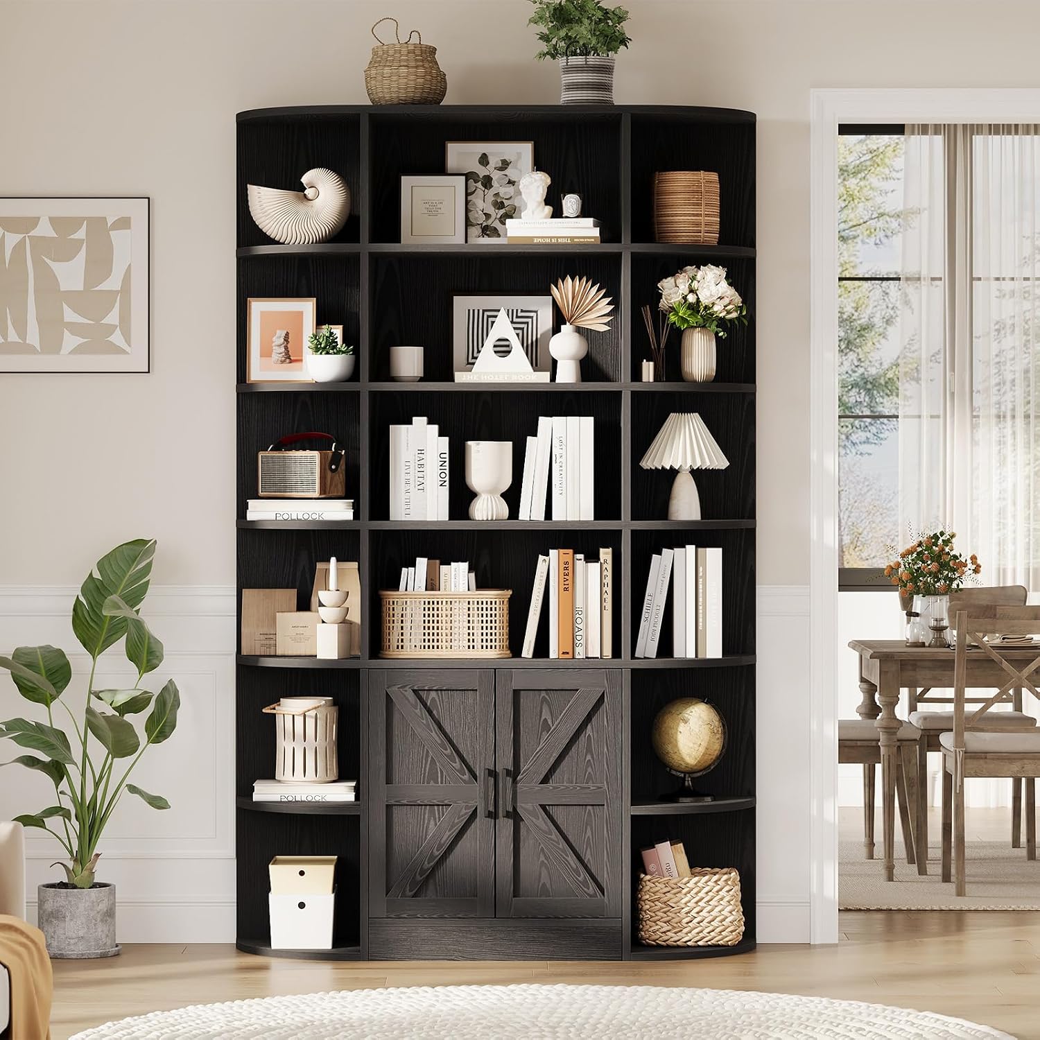 IDEALHOUSE 75in Tall Bookshelf with Storage, 6-Tier 47' Wide Modern Farmhouse Standing Bookcase Cabinet Display Shelf Organizer for Home Office Living Room Bedroom, Black