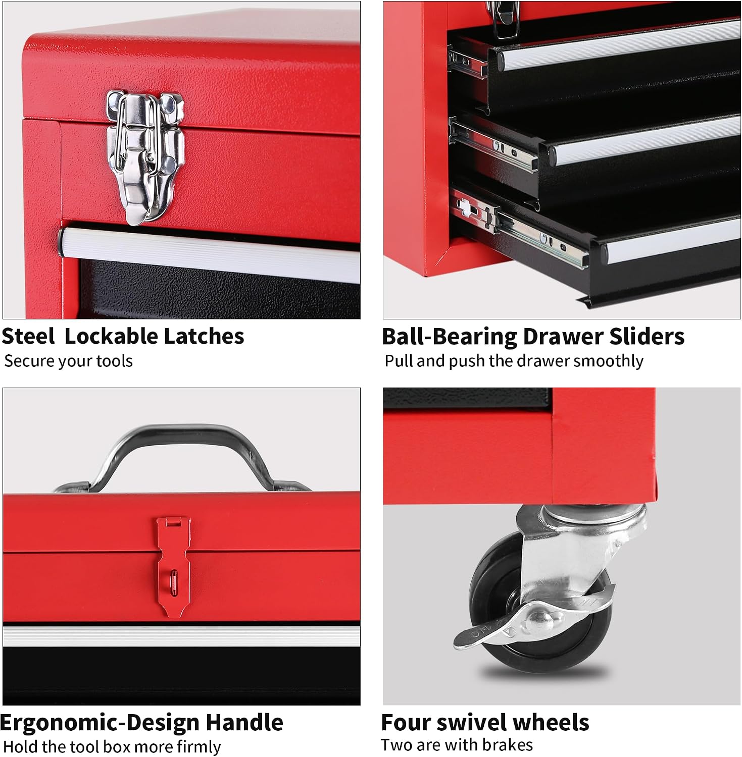 3-Drawer Rolling Tool Chest with Wheels, Tool Chest with Large Storage Cabinet and Adjustable Shelf, Removable Portable Top Box with Locking System Tool Chest for Garage, Warehouse