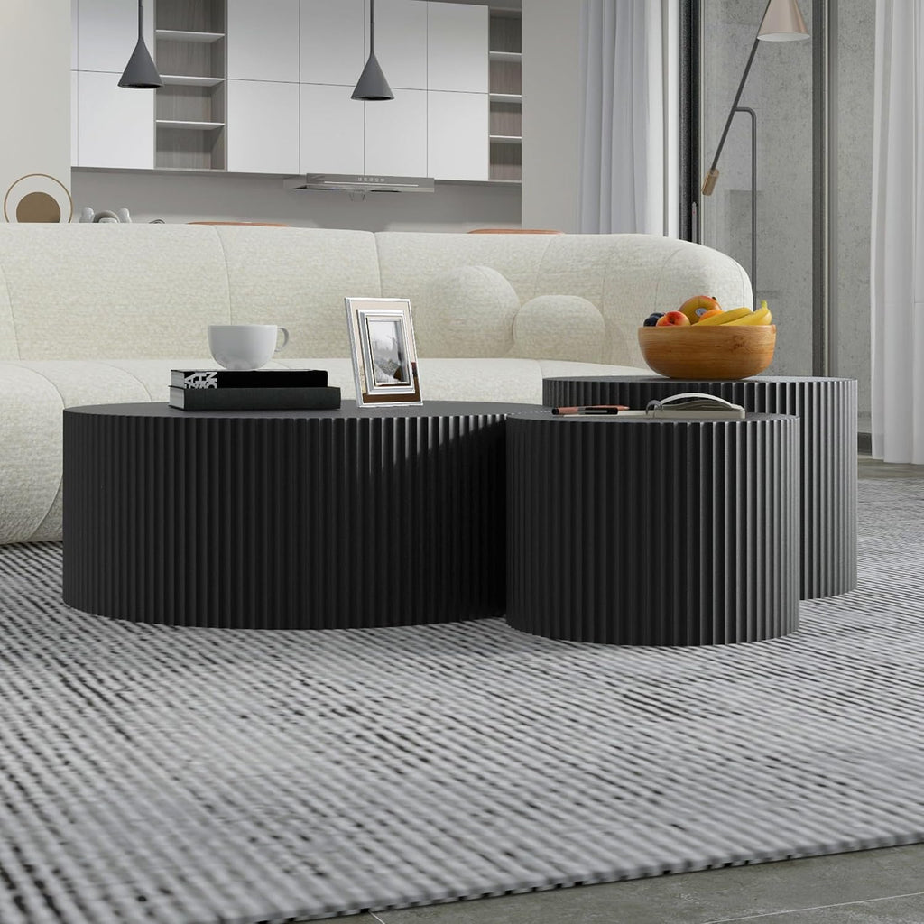 Black Round Coffee Table Set of 3 Modern Drum Circle Nesting Coffee Tables for Living Room, Contemporary Wood Fluted Embossed Side Table End Table, No Assembly, Black (3-Pcs)