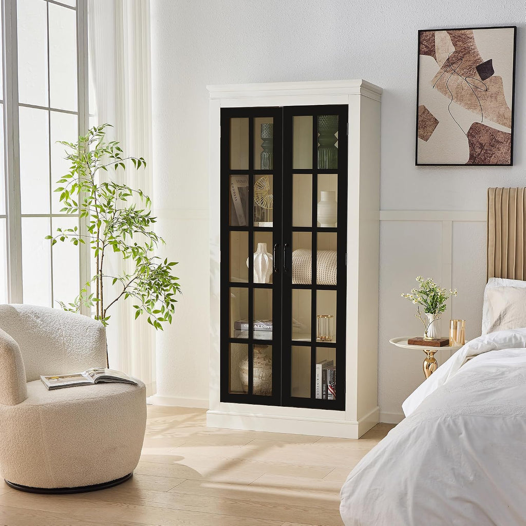 Ball & Cast 71.2' Tall Display Cabinet W/Glass Doors,Curio Cabinet W/Adjustable Shelves&Fixed Shelves for Collectibles,Trophies,Farmhouse Style Cabinets for Hallways,Living Room,Bedroom,White&Black