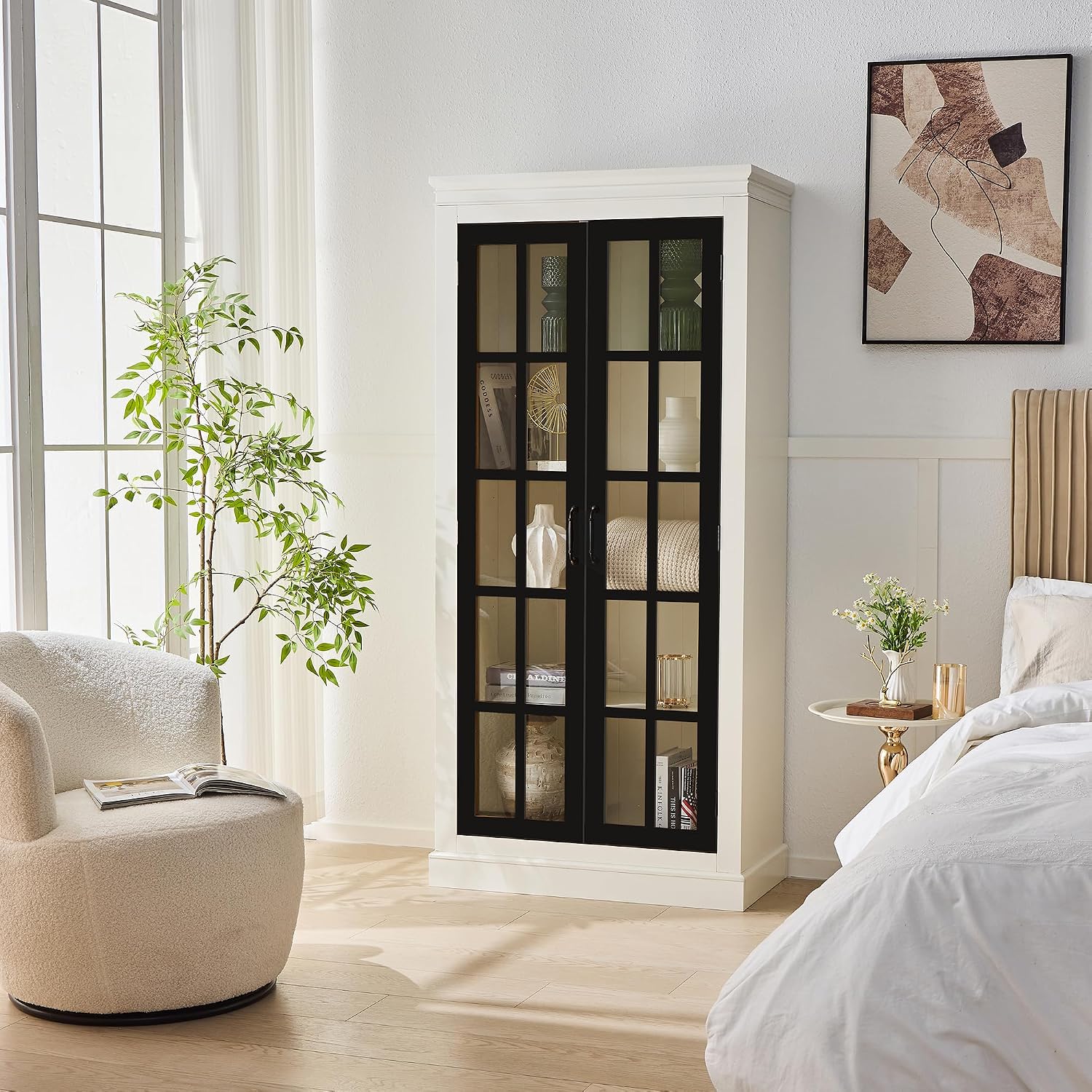 Ball & Cast 71.2' Tall Display Cabinet W/Glass Doors,Curio Cabinet W/Adjustable Shelves&Fixed Shelves for Collectibles,Trophies,Farmhouse Style Cabinets for Hallways,Living Room,Bedroom,White&Black