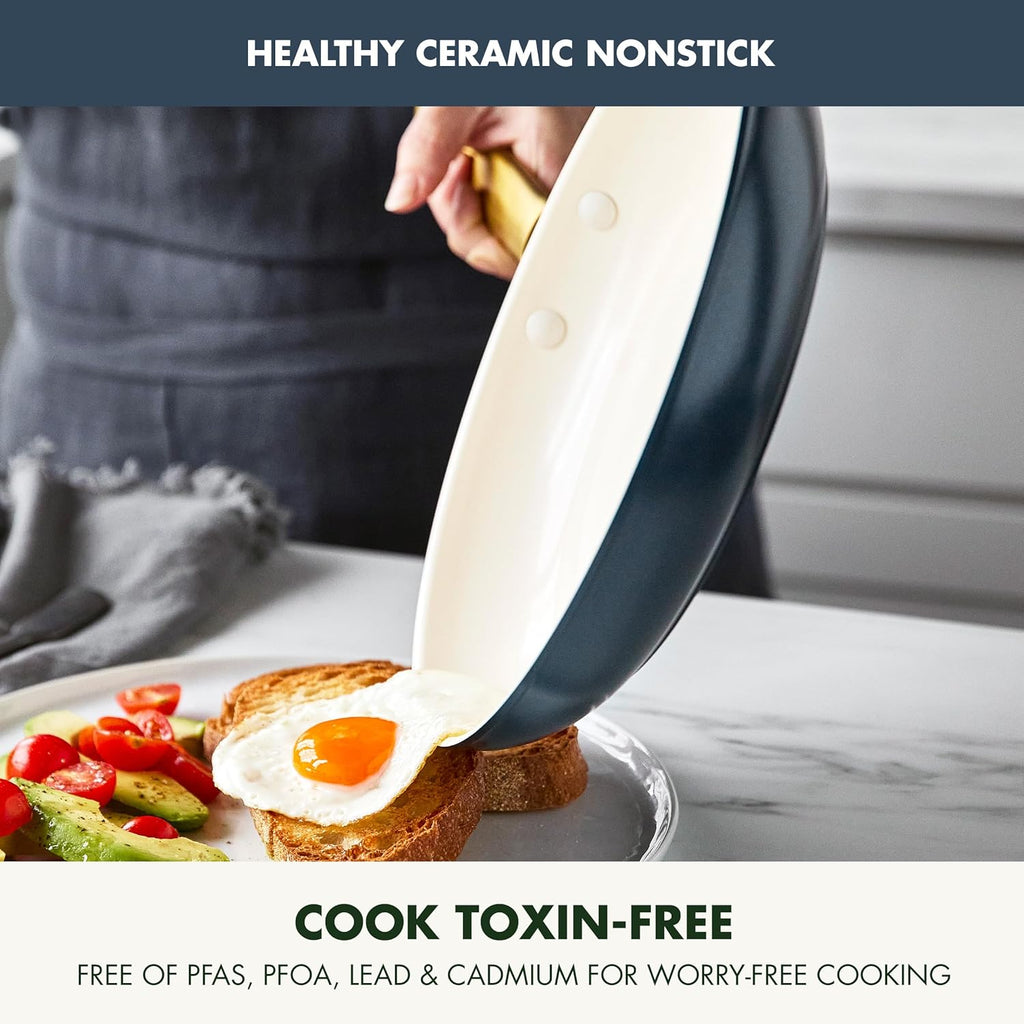 GreenPan Hard Anodized Healthy Ceramic Nonstick 10 Piece Cookware Pots and Pans Set, Gold-Tone Stainless Steel Handles, PFAS & PFOA-Free, Dishwasher Safe, Oven & Broiler Safe, Twilight Blue