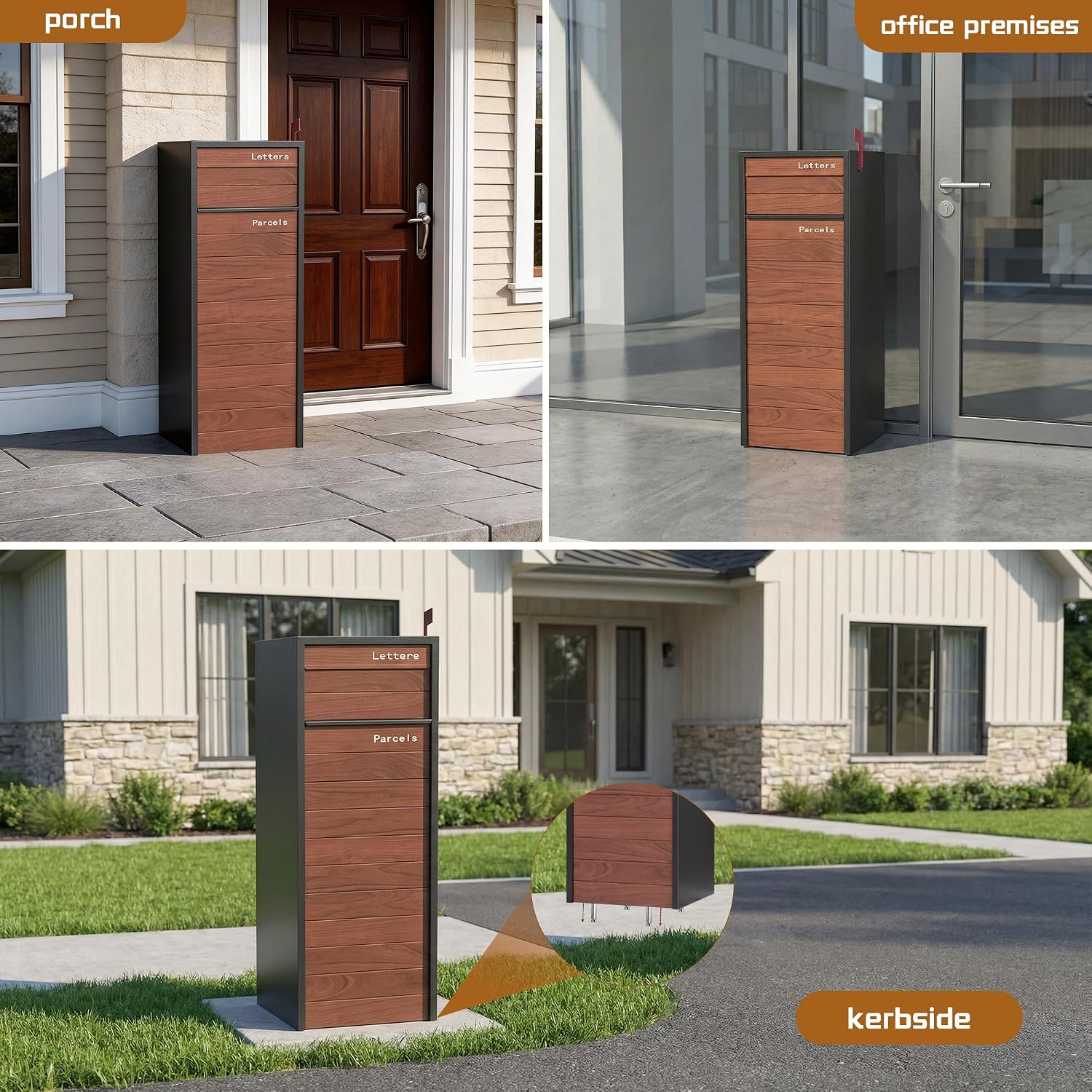 Merapi Large Parcel Drop Box for Outside – Fully Assembled Package Delivery Box with Rear Access – Weather-Resistant Galvanized Steel Locking Mailbox for Porch & Curbside (Oak-Grain Steel)