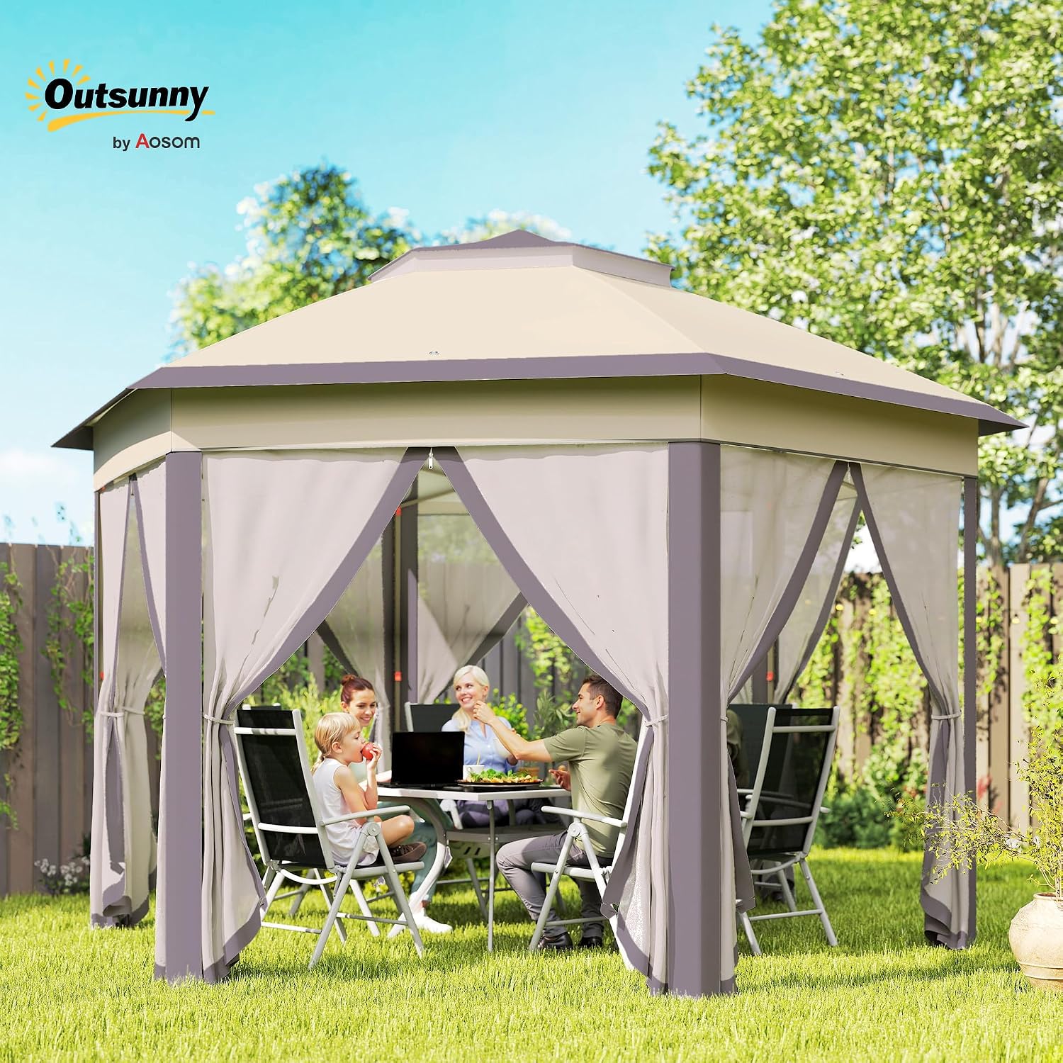 Outsunny 13' x 13' Pop Up Gazebo, Hexagonal Canopy Shelter with 6 Zippered Mesh Netting, Event Tent with Strong Steel Frame for Patio Backyard Garden Wedding Party, Coffee and Beige