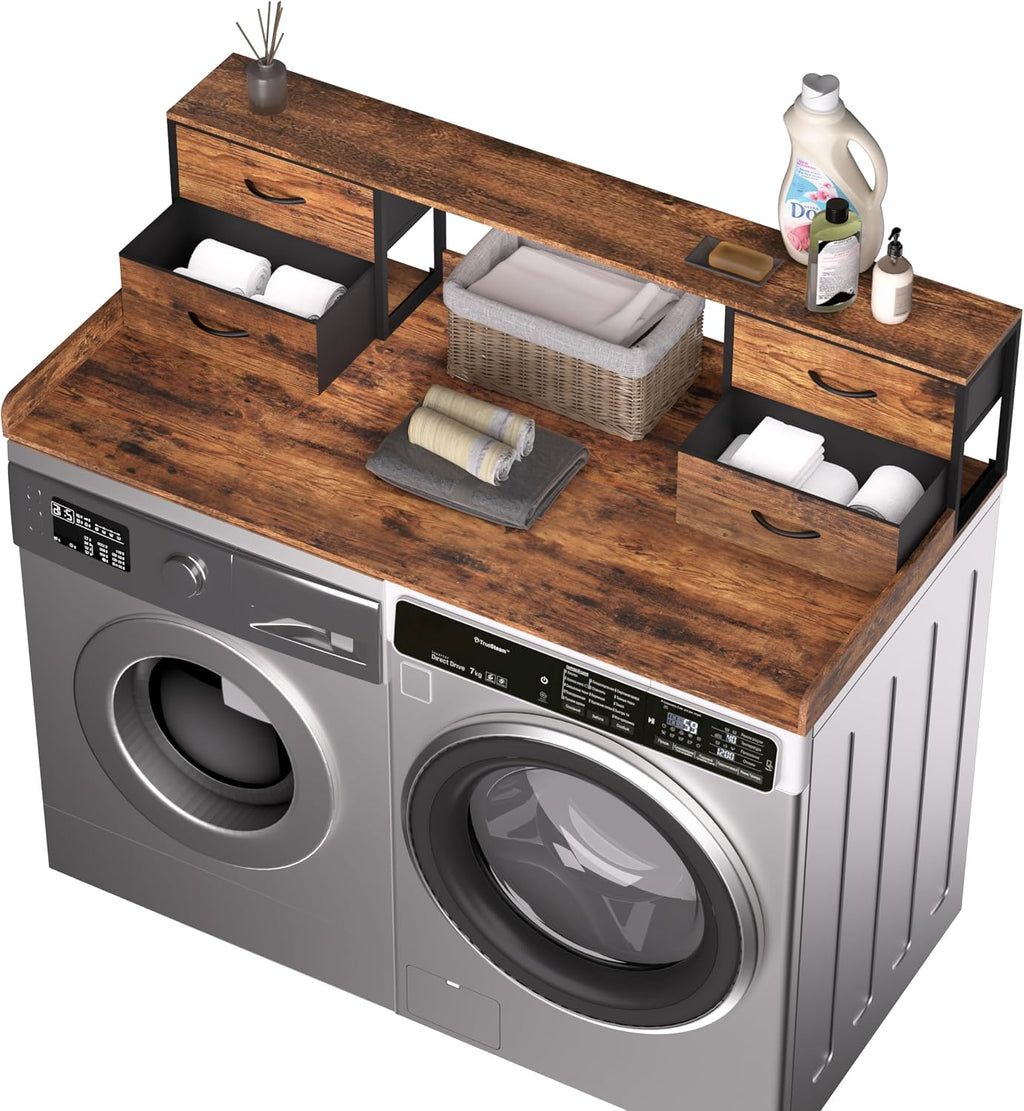 Unionly Washer and Dryer Countertop, 27.5' D x 53.9' W x 12.9' H Solid Wood Washer Dryer Countertop with Organizer Shelves with Four Drawers for Laundry Room Organization (Rustic Brown)