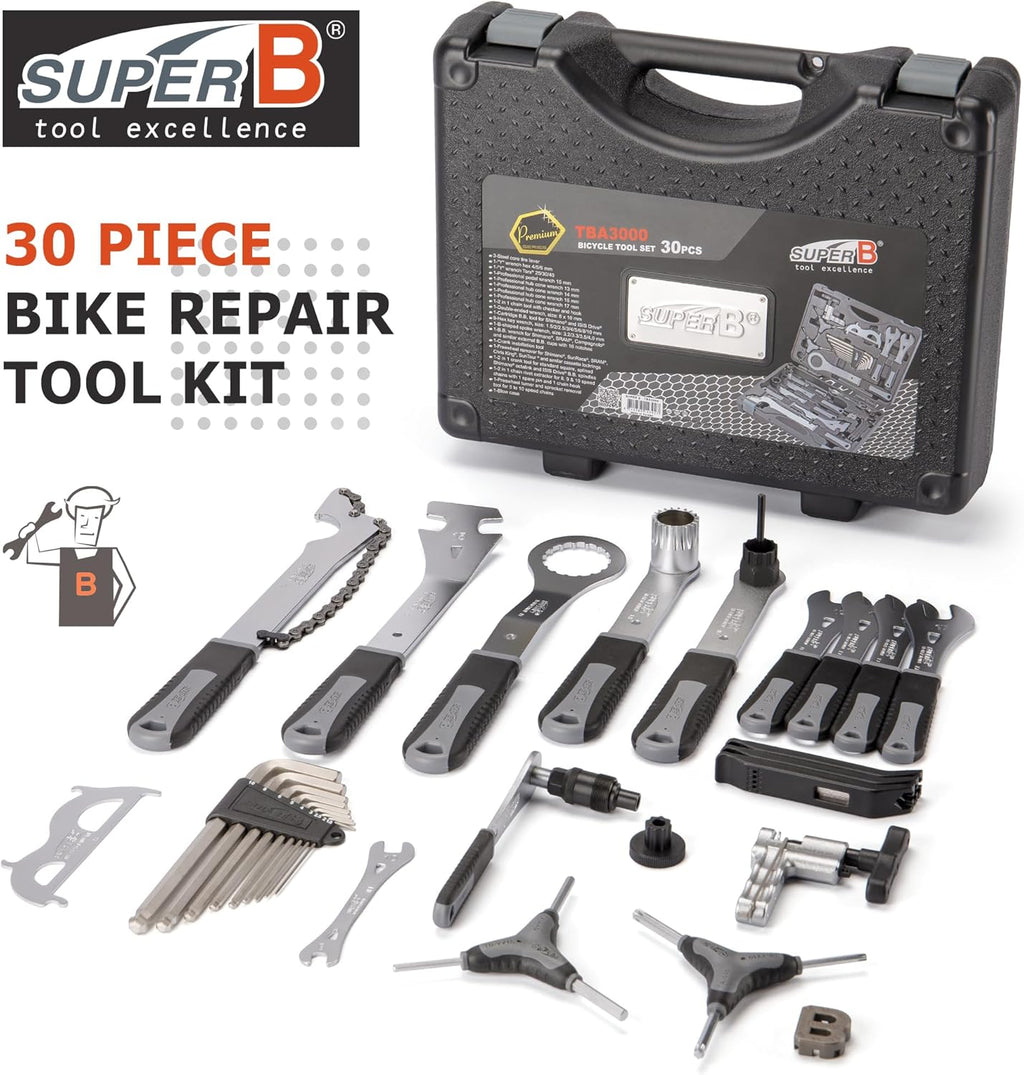 Super B Bicycle Tool Set - Bike Repair Kit with Carry Case - Bike Maintenance Tools for Road Bikes and Mountain Bikes, Repairing Tyres, Brakes, Chains, Pedal, Crank Puller