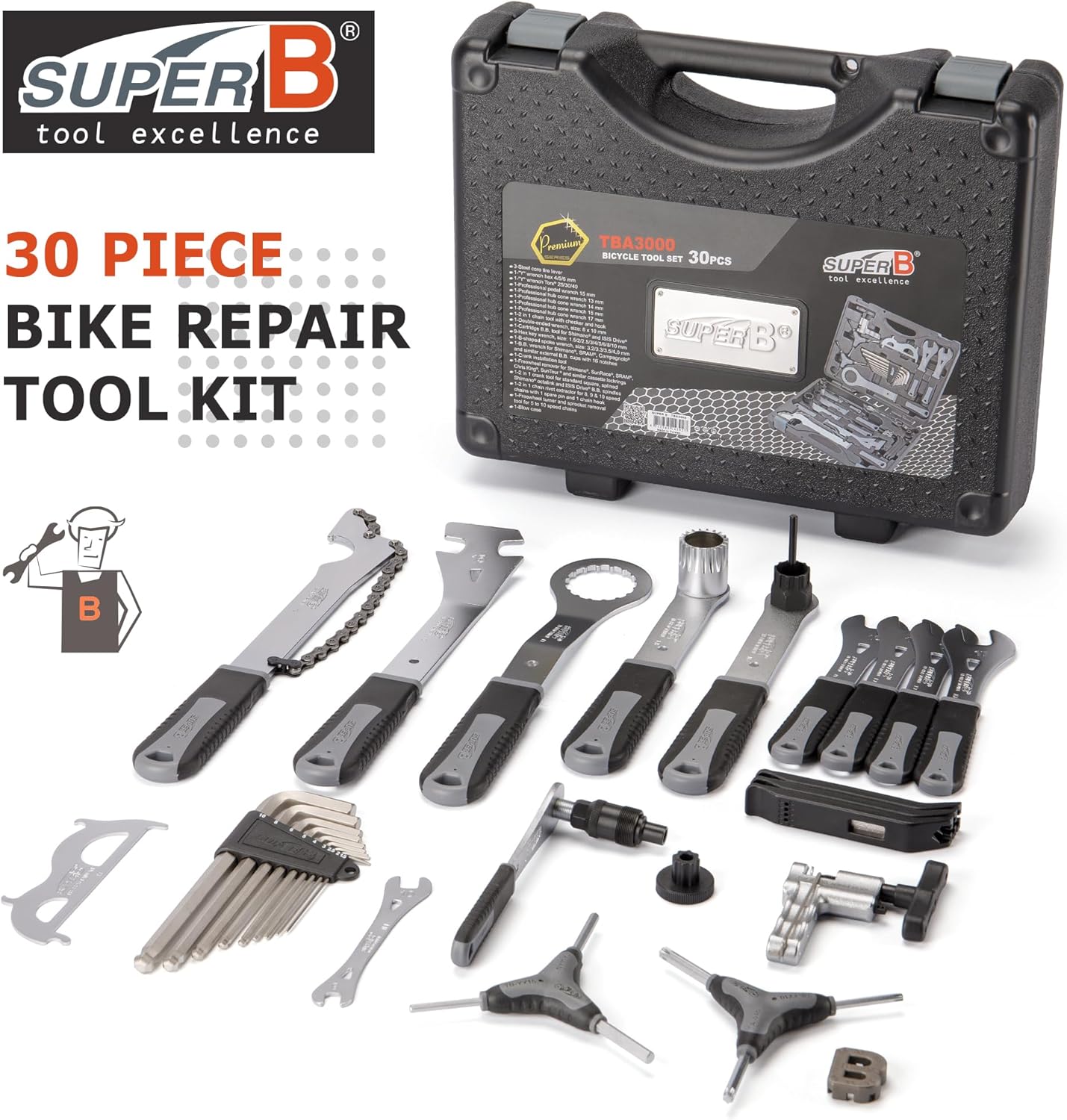 Super B Bicycle Tool Set - Bike Repair Kit with Carry Case - Bike Maintenance Tools for Road Bikes and Mountain Bikes, Repairing Tyres, Brakes, Chains, Pedal, Crank Puller