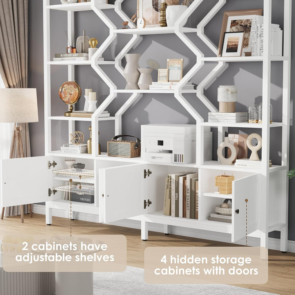 Keyluv Tall 5-Tier Bookshelf with 4 Large Storage Cabinet, 74.2' W x 76.5' H Etagere Bookcase 14 Open Display Standing Shelves with Metal Frame for Living Room, Dining Room, White