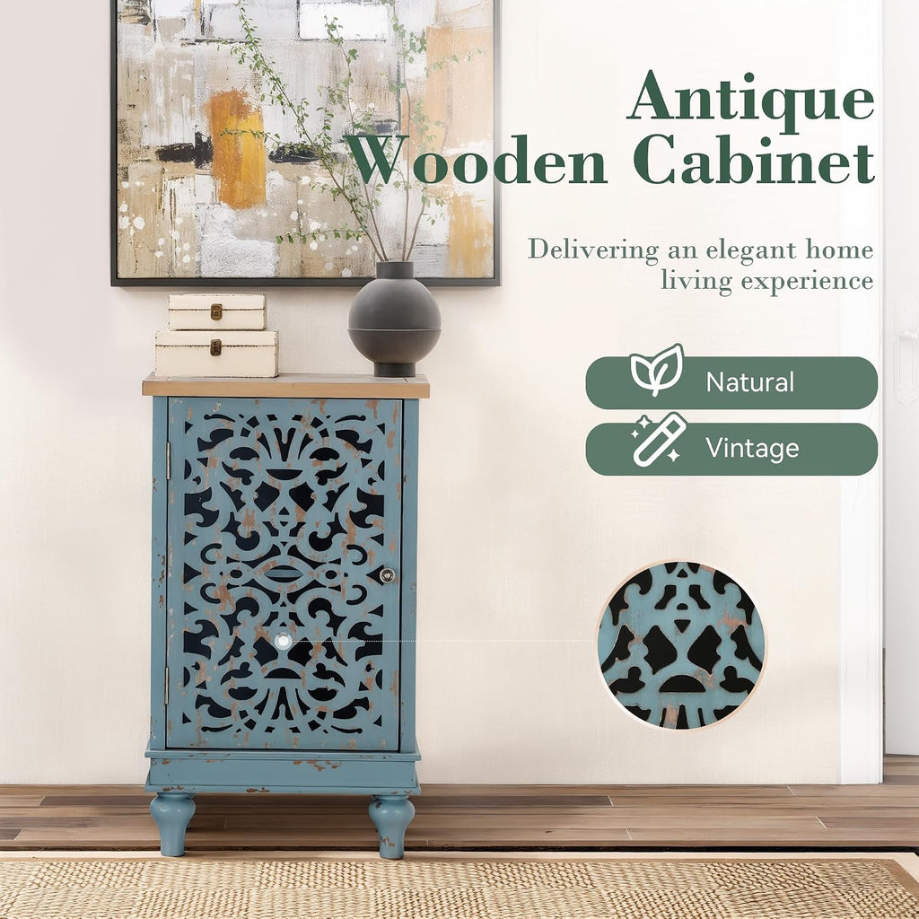 Sophia & William Small Accent Cabinet with Single Door, 31.5' Tall Side End Table, Distressed Nightstand with Hollow Carved Door, Blue