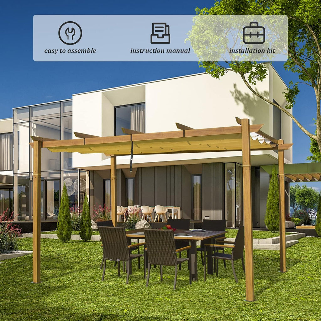 Domi 9x13FT Outdoor Pergola Canopy with Retractable Sun Shade, Weather-Resistant Aluminum Frame for Patio, Backyard, Deck, Garden, BBQ, and Gatherings, Wood-Look Finish