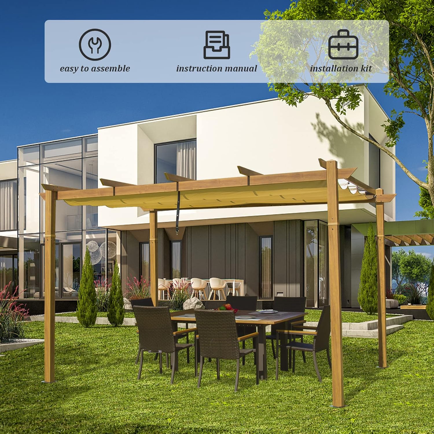 Domi 9x13FT Outdoor Pergola Canopy with Retractable Sun Shade, Weather-Resistant Aluminum Frame for Patio, Backyard, Deck, Garden, BBQ, and Gatherings, Wood-Look Finish