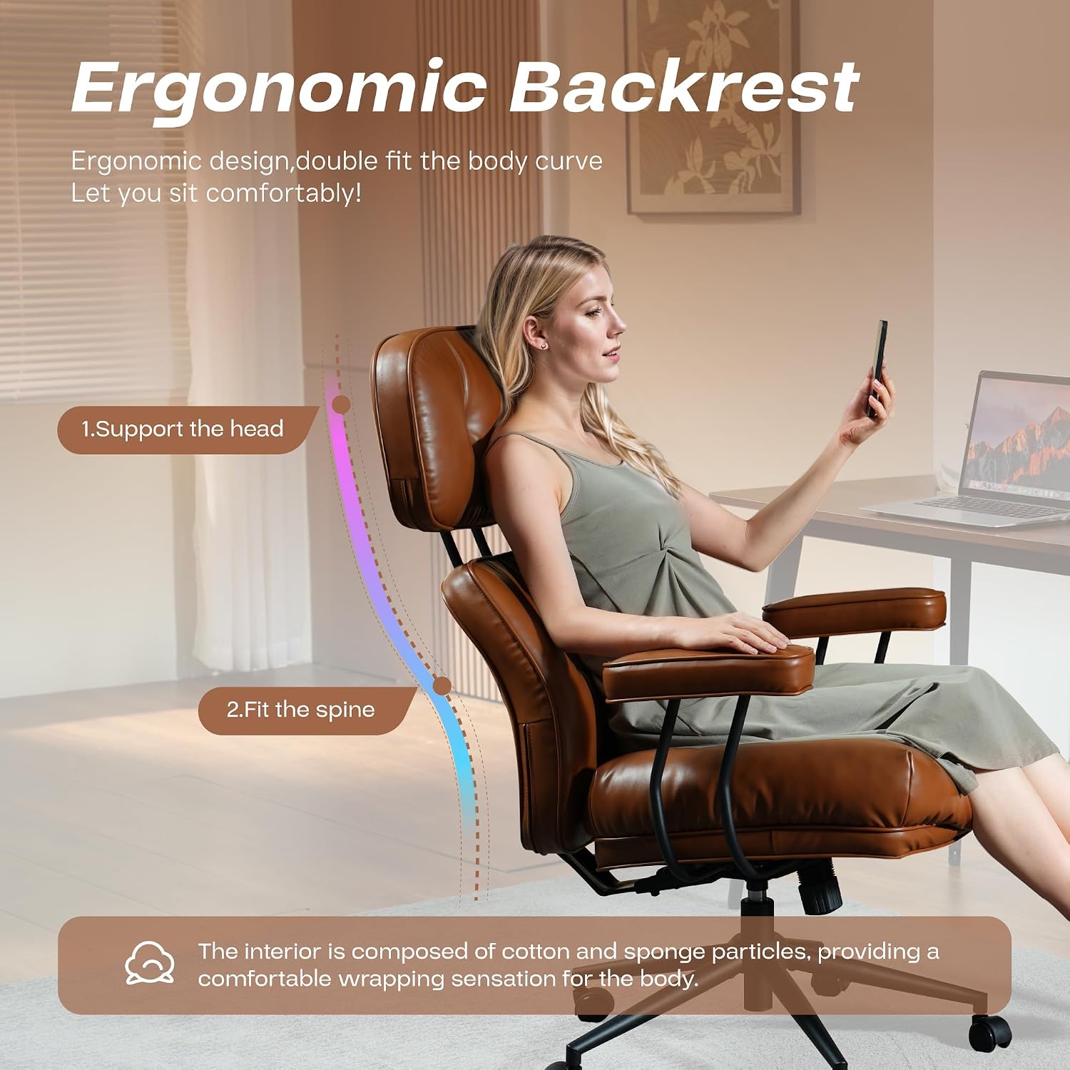 CAODOC Big and Tall Office Chair, 300LBS PU Leather Executive Office Chair Whit Lumbar Support, Managerial Home Desk Chair, Heavy Duty High Back Computer Chair(PU Leather Brown)