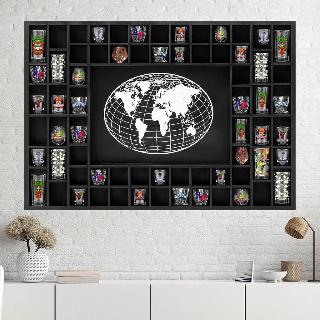 GlikCeil Large World Map 68 Slots Shot Glass Display Case 40 x 28'' Rustic Wood Shot Glass Holder for 7 Sizes Wineglass Bar Shelf Organizer Wall Mount Storage Shadow Cabinet Decor (Black)