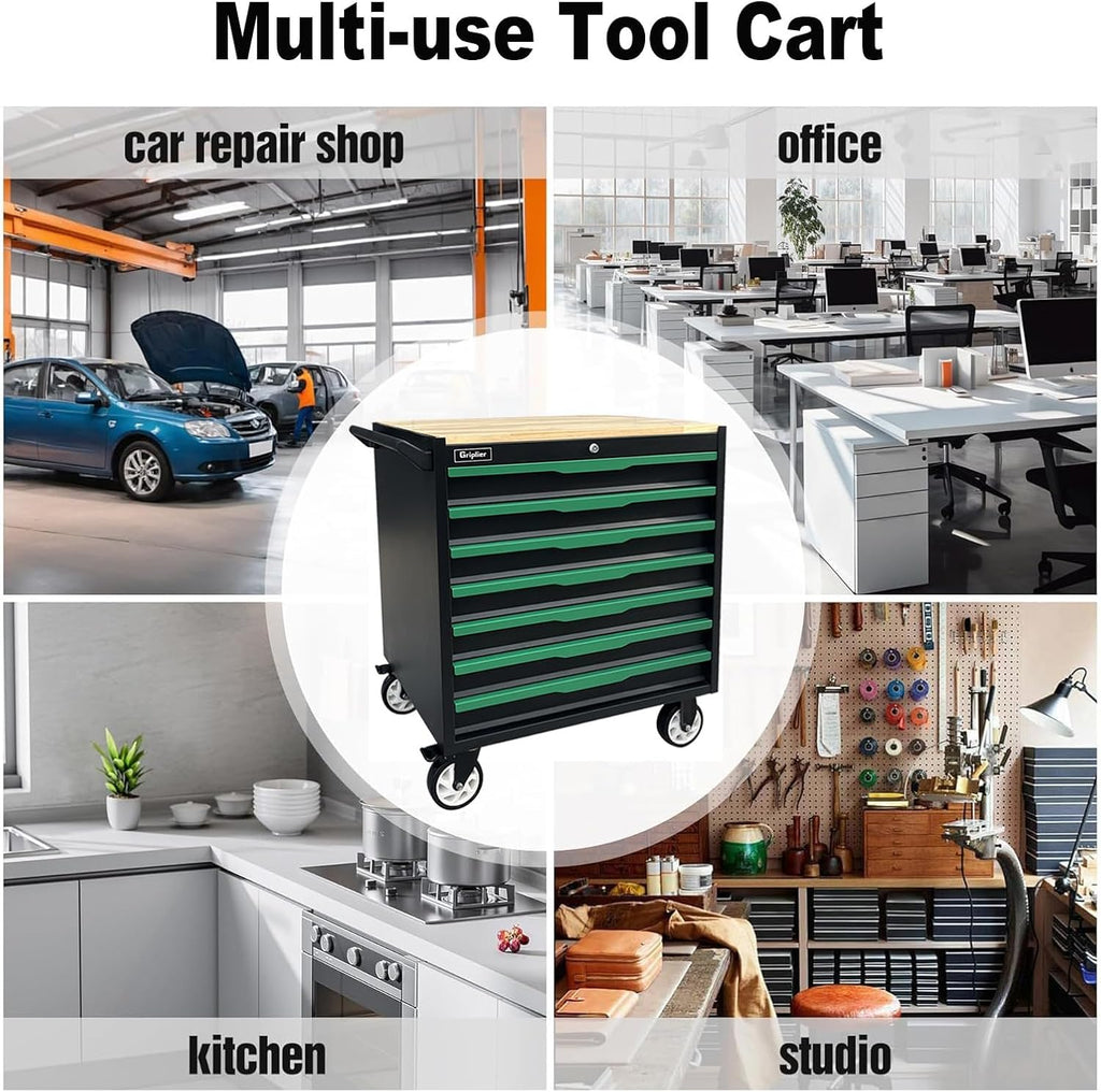 7-Drawer Tool Chest with Wood Top, 31.3W x 18.9D x 32.3H inches, Black and Green，Locking Rolling Tool Box with Wheels,Mechanic Tool Cabinets for Garage, Warehouse,Repair Shop,Workshop