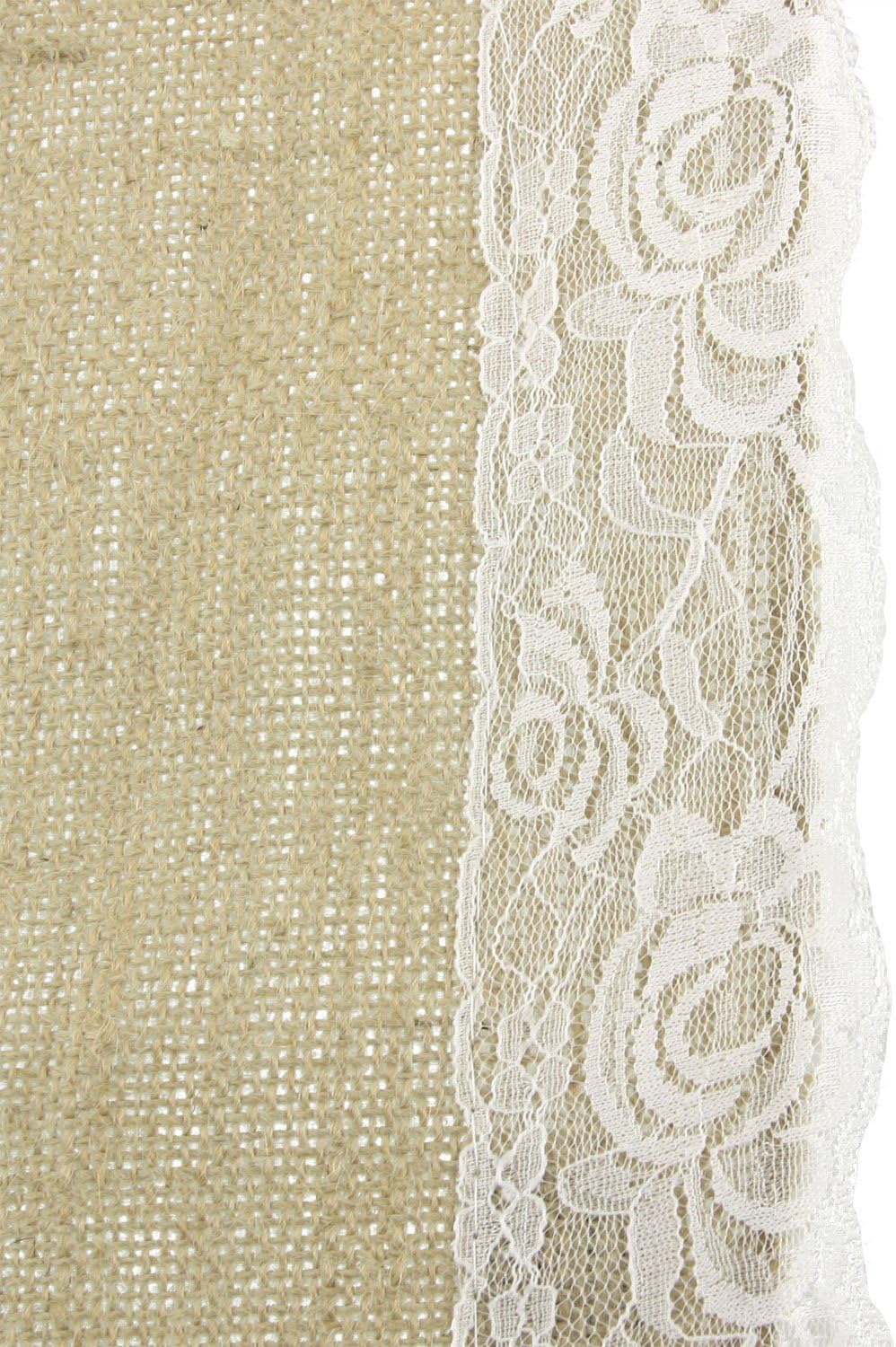 BambooMN Natural 17' x 180' Vintage Lace Burlap Table Runner for Rustic Wedding Bridal Shower Bachelorette Graduation Party Home Table Decor Decorations, 10 Pieces