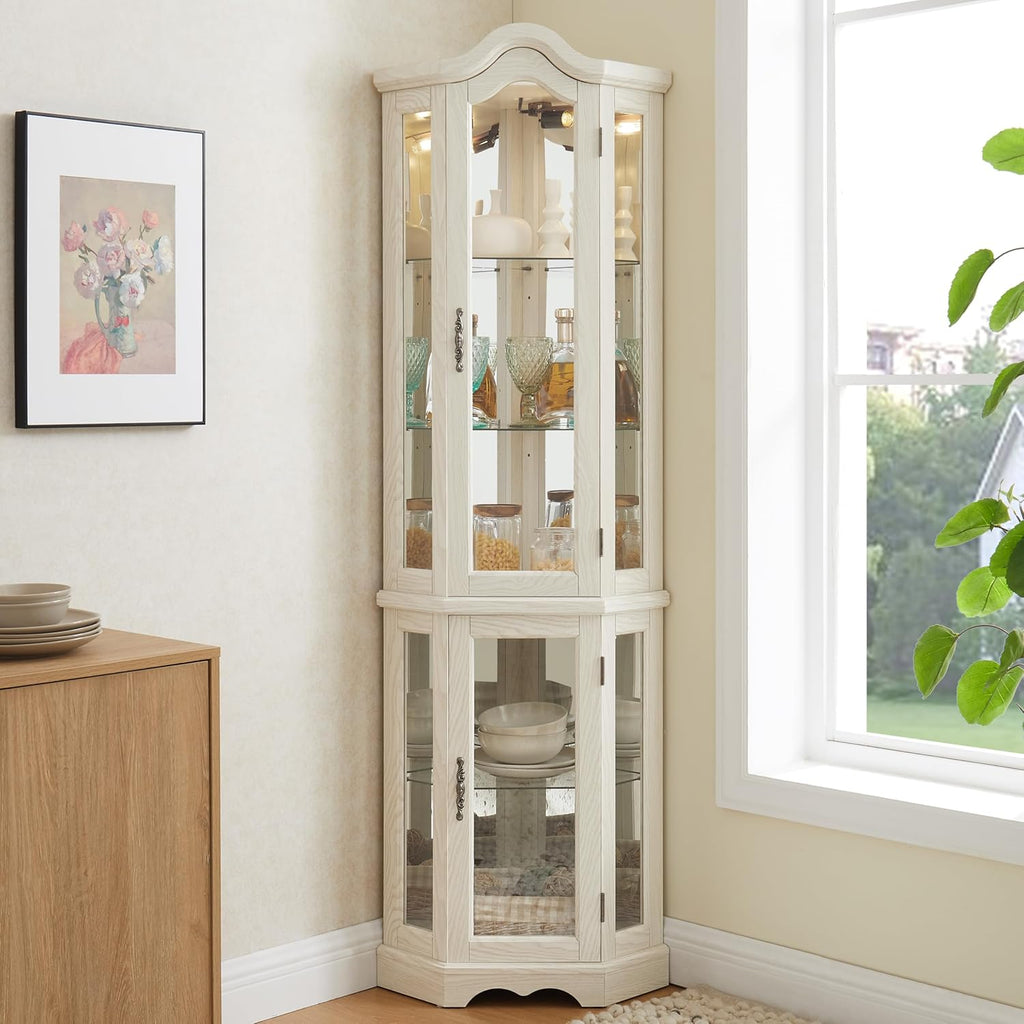 70'H Lighted Corner Display Cabinet, 5-Tier Wooden Curio Glass Cabinet with Adjustable Shelves, Carved Crown Corner Storage Display Case with Mirrored Back Pane for Living Room (Antique White)