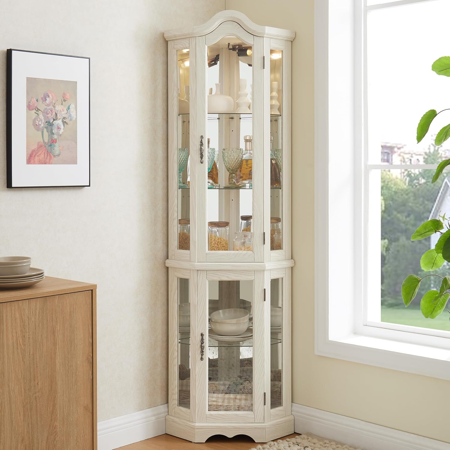 70'H Lighted Corner Display Cabinet, 5-Tier Wooden Curio Glass Cabinet with Adjustable Shelves, Carved Crown Corner Storage Display Case with Mirrored Back Pane for Living Room (Antique White)