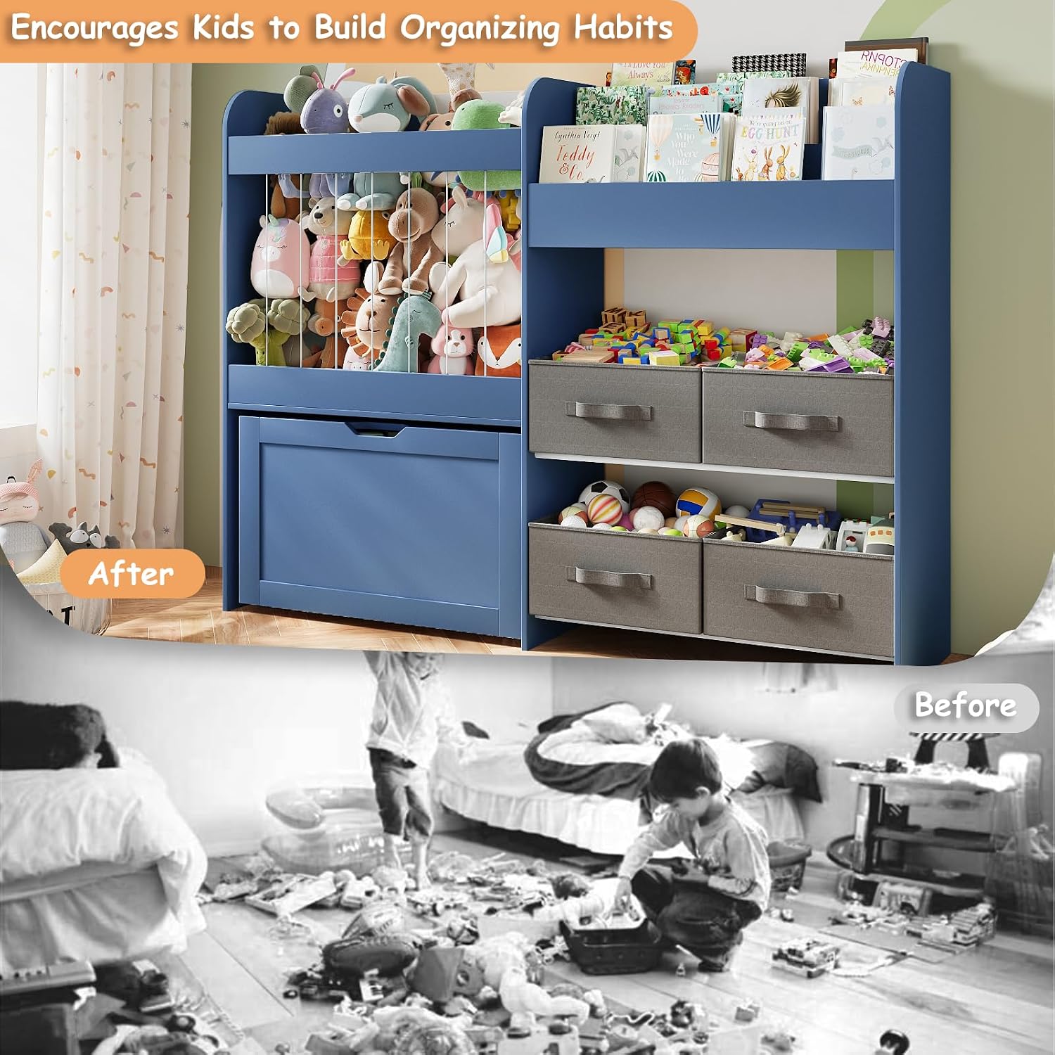 51.1' W Toy Storage Organizer with Stuffed Animal Storage, Kids Bookshelf with 4 Removable Bins, Movable Toy Box with Buildable Baseplate Lid Compatible with Lego Bricks, Ideal for Kids Room Playroom