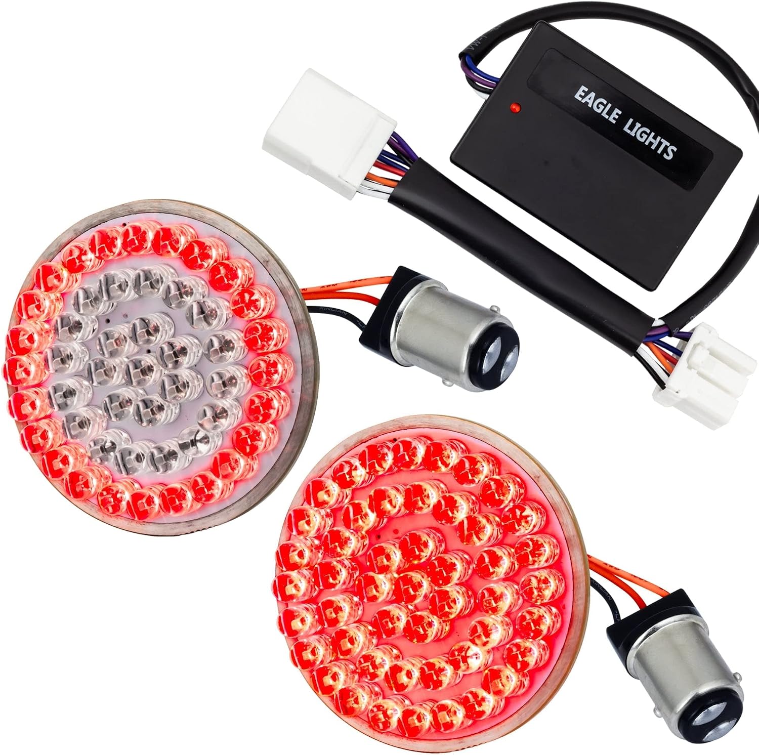 Eagle Lights 8748RTS-EE 2 Inch Rear LED Turn Signals with Halo Running Lights and Brake Lights Compatible With Harley Davidson® Motorcycles - Generation I / 1157 Base/Red/Add Load Equalizer