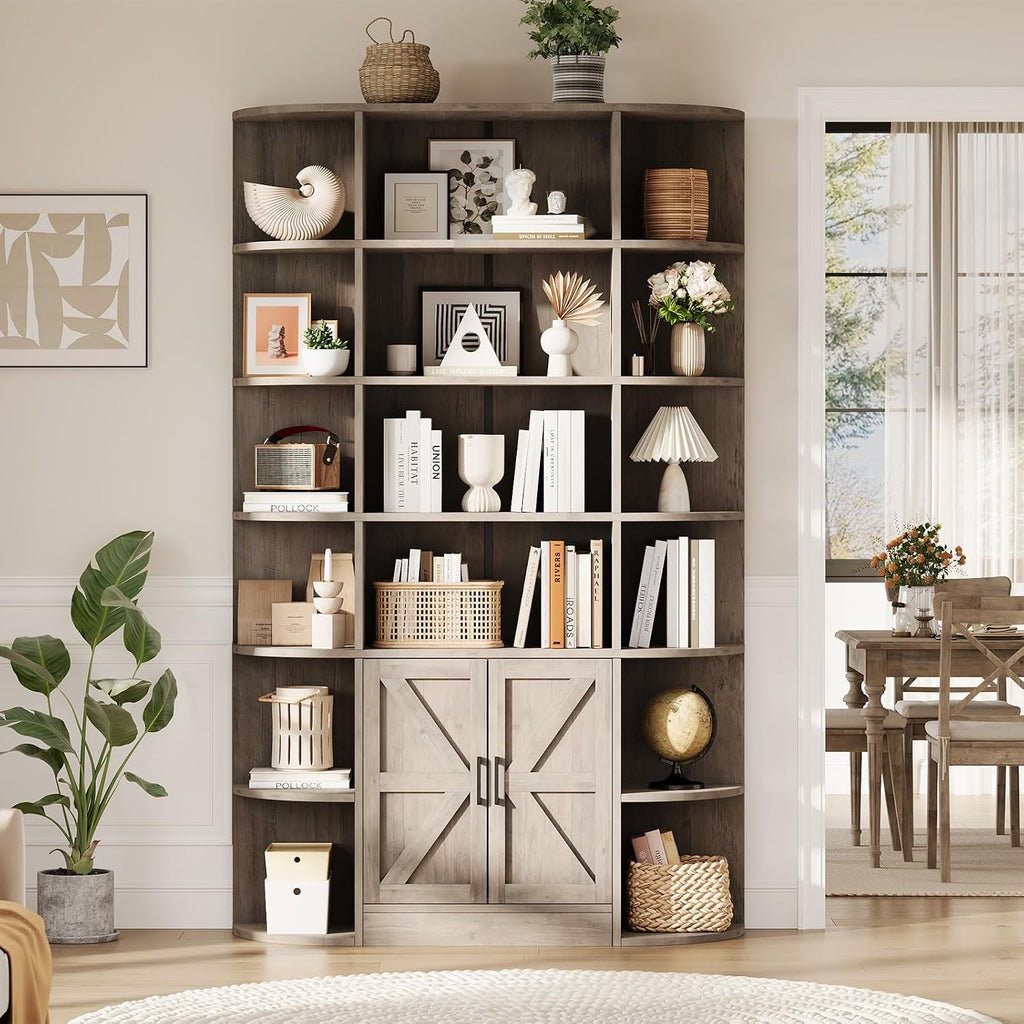 IDEALHOUSE 75in Tall Bookshelf with Storage, 6-Tier 47' Wide Modern Farmhouse Standing Bookcase Cabinet Display Shelf Organizer for Home Office Living Room Bedroom, Grey